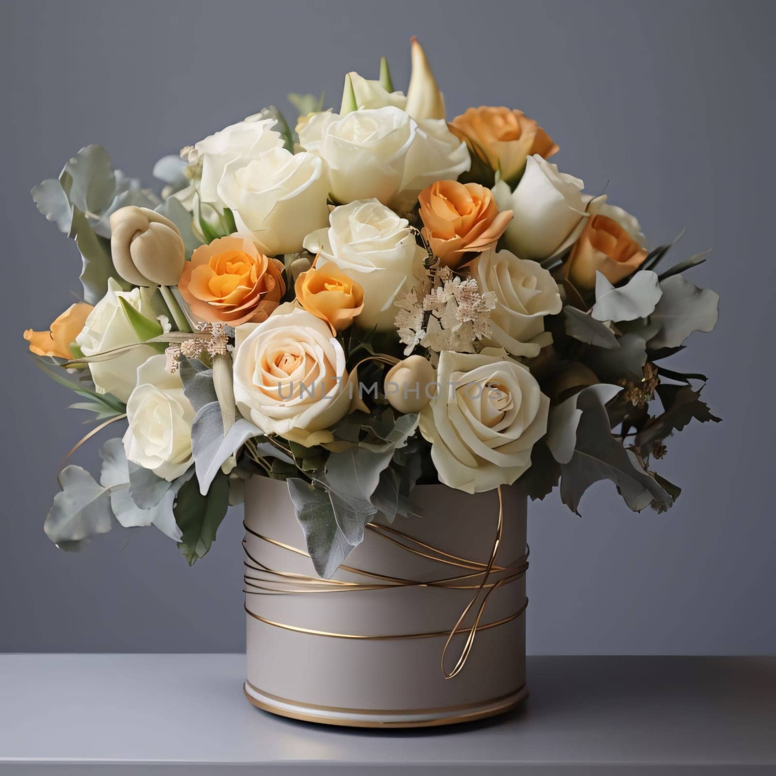 A bouquet of white and orange roses in an ornate gold vase on a gray background. Flowering flowers, a symbol of spring, new life. A joyful time of nature waking up to life.