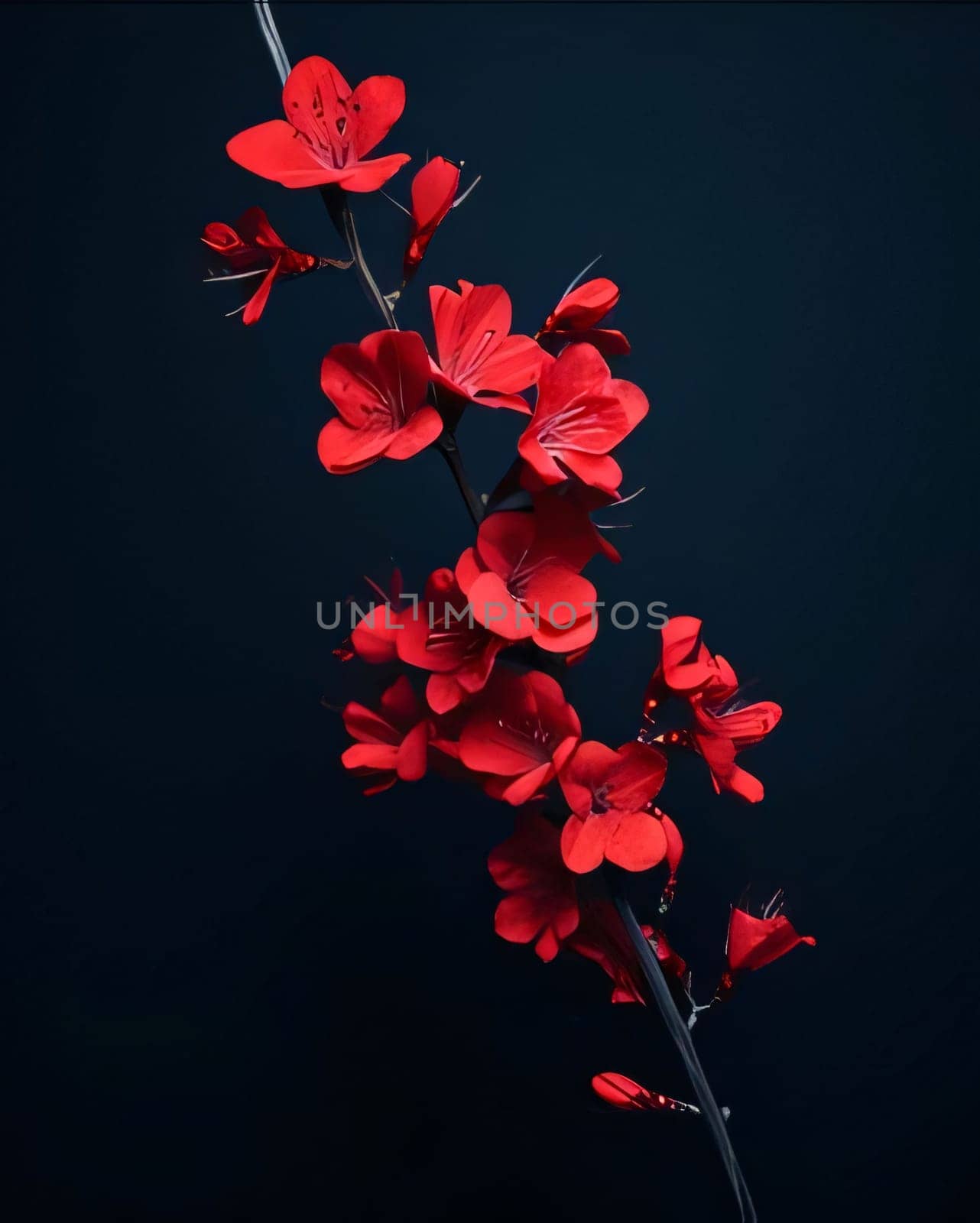 Red flower petals on a branch on a dark background. Flowering flowers, a symbol of spring, new life. by ThemesS
