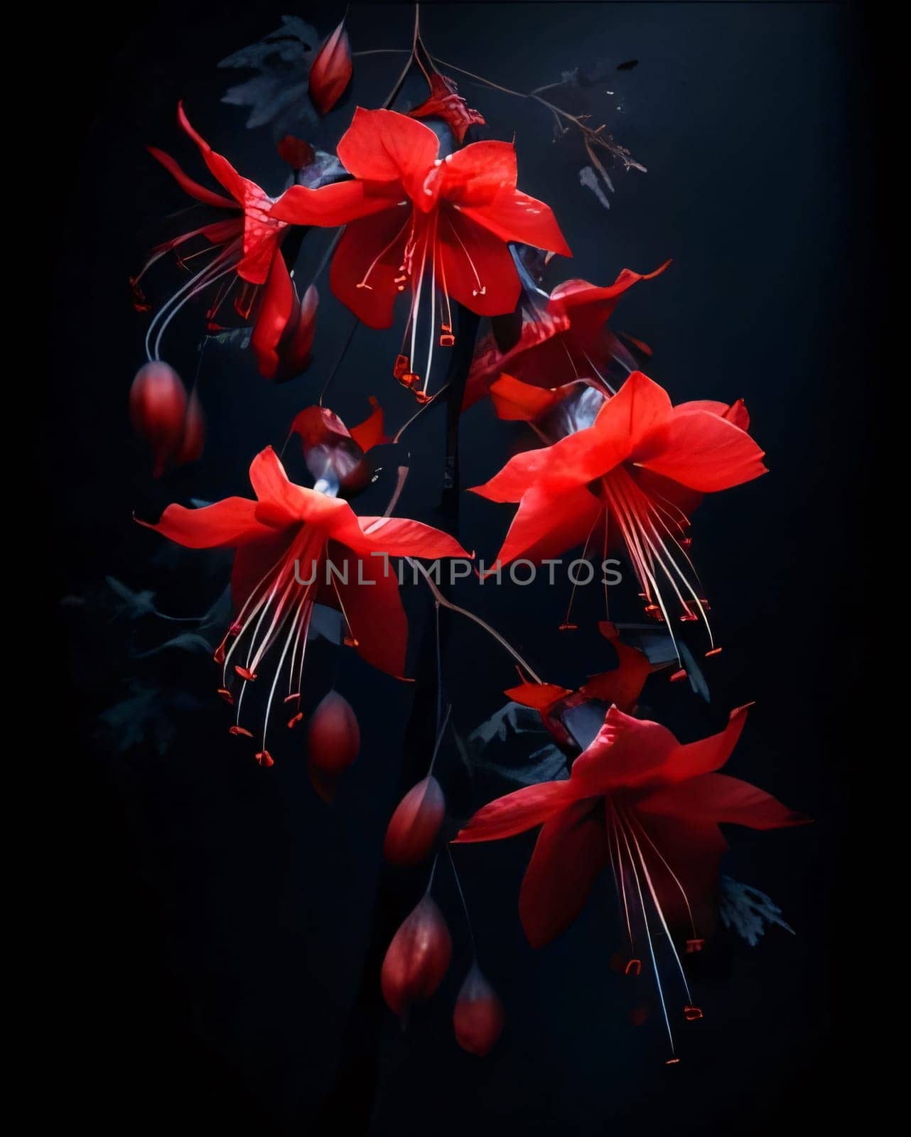 Red petal flowers with buds on a dark background. Flowering flowers, a symbol of spring, new life. by ThemesS