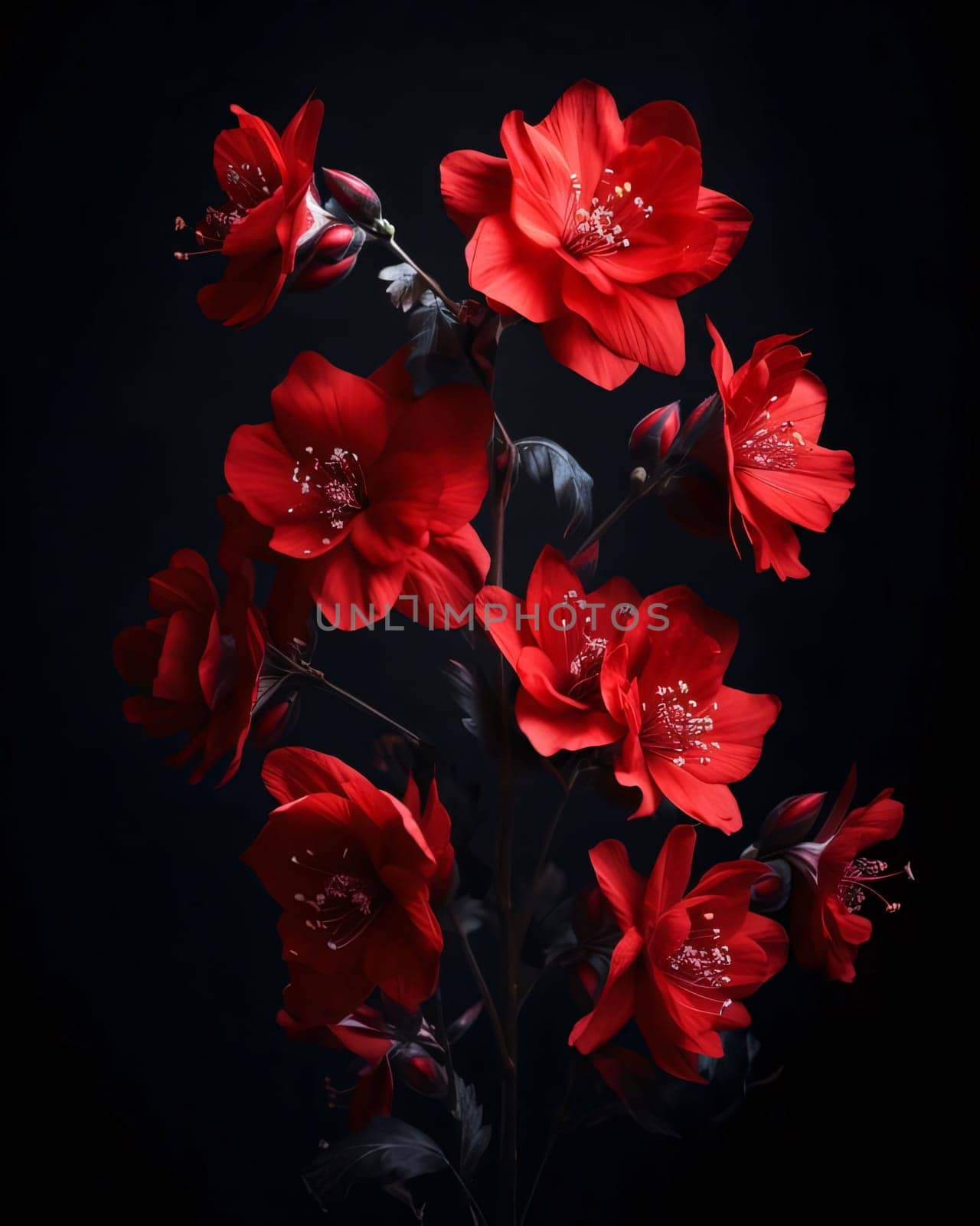 Red petal flowers with buds on a dark background. Flowering flowers, a symbol of spring, new life. by ThemesS