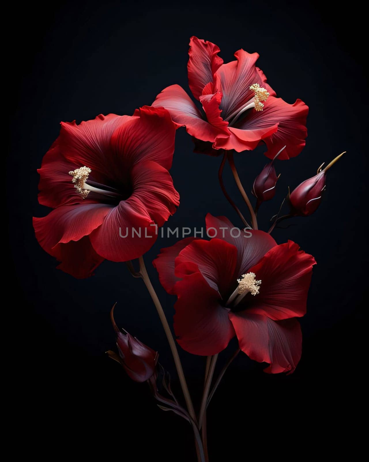Red hibiscus flower isolated on dark black background. Flowering flowers, a symbol of spring, new life. A joyful time of nature waking up to life.