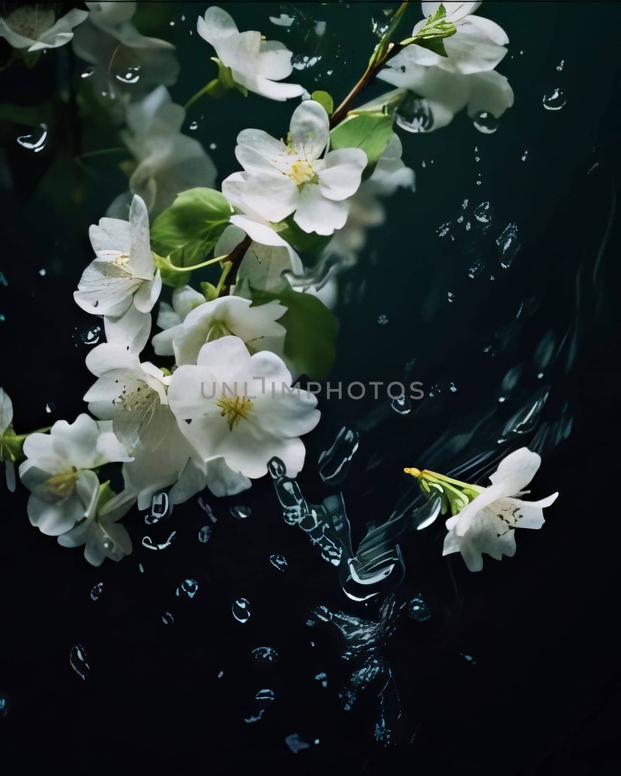 White flowers with green leaves raindrops on a dark background. Flowering flowers, a symbol of spring, new life. A joyful time of nature waking up to life.