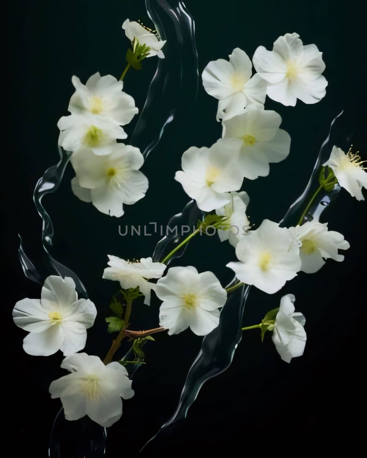 White flowers with green leaves raindrops on a dark background. Flowering flowers, a symbol of spring, new life. by ThemesS