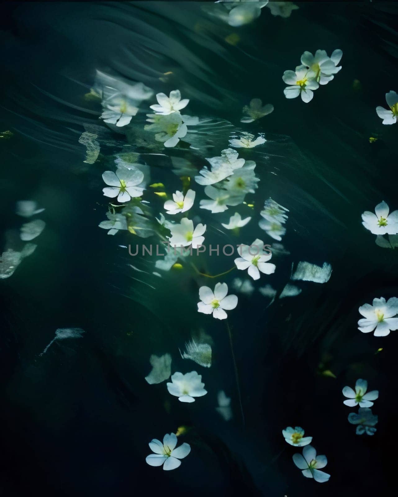 White flowers with green leaves raindrops on a dark background. Flowering flowers, a symbol of spring, new life. by ThemesS