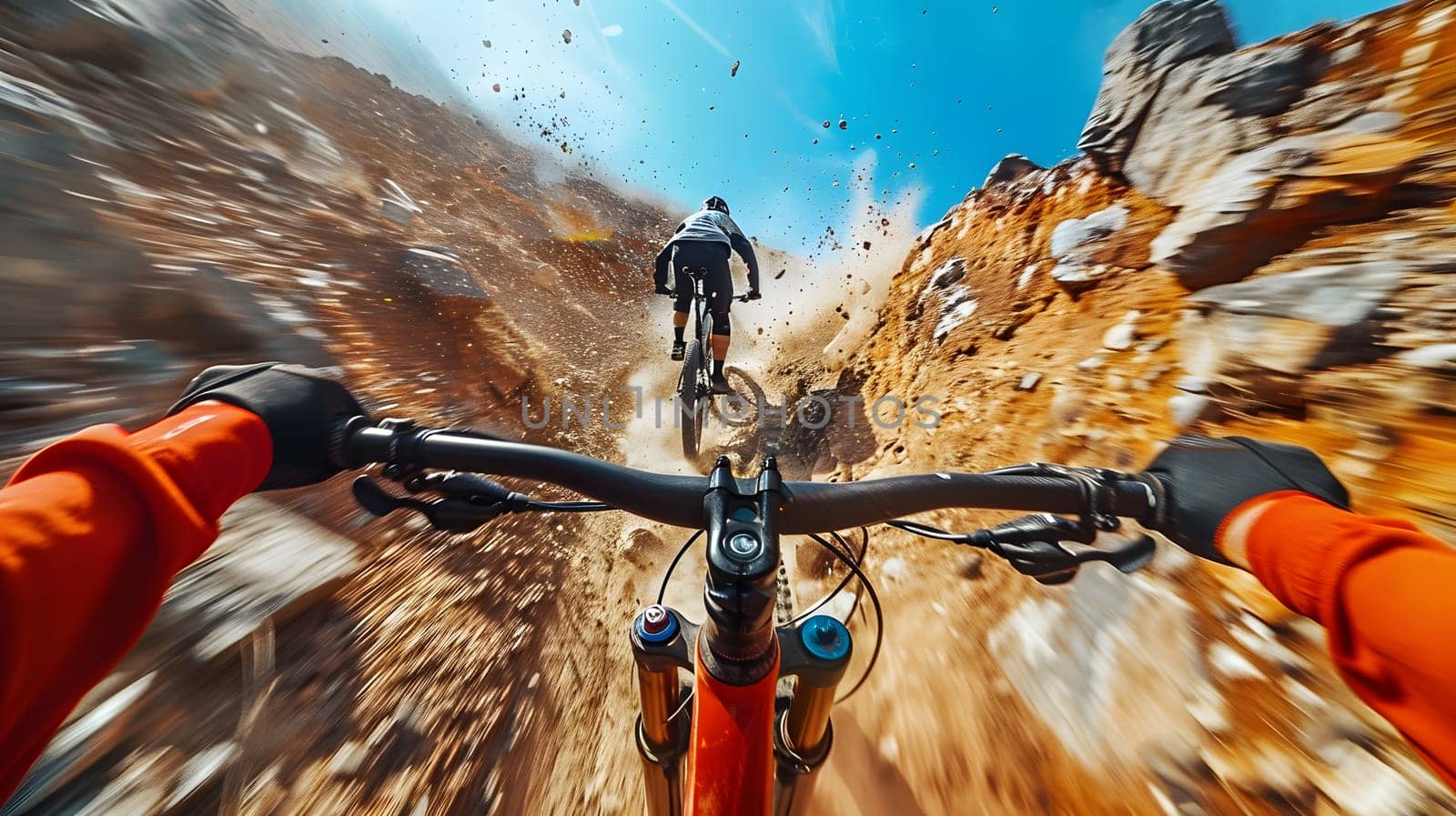 Enjoying a thrilling adventure, a person rides their mountain bike down a dusty dirt road under the vast sky with fluffy clouds, surrounded by breathtaking landscape