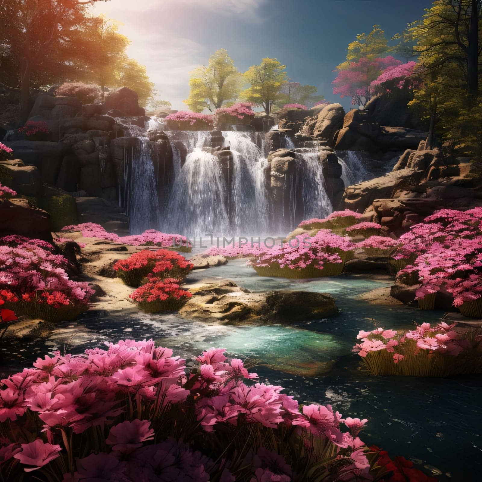 Waterfall and pink and red flower clusters growing around, landscape. Flowering flowers, a symbol of spring, new life. by ThemesS