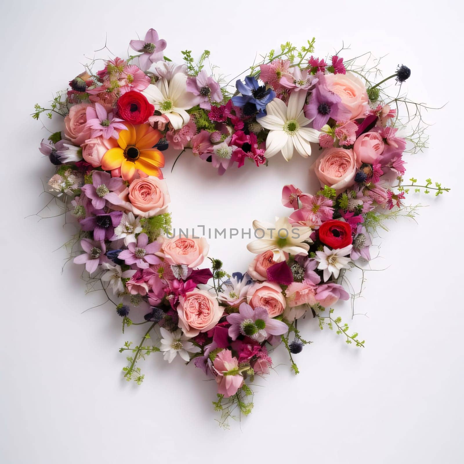 A heart formed of colorful flowers on a bright white background. Flowering flowers, a symbol of spring, new life. by ThemesS