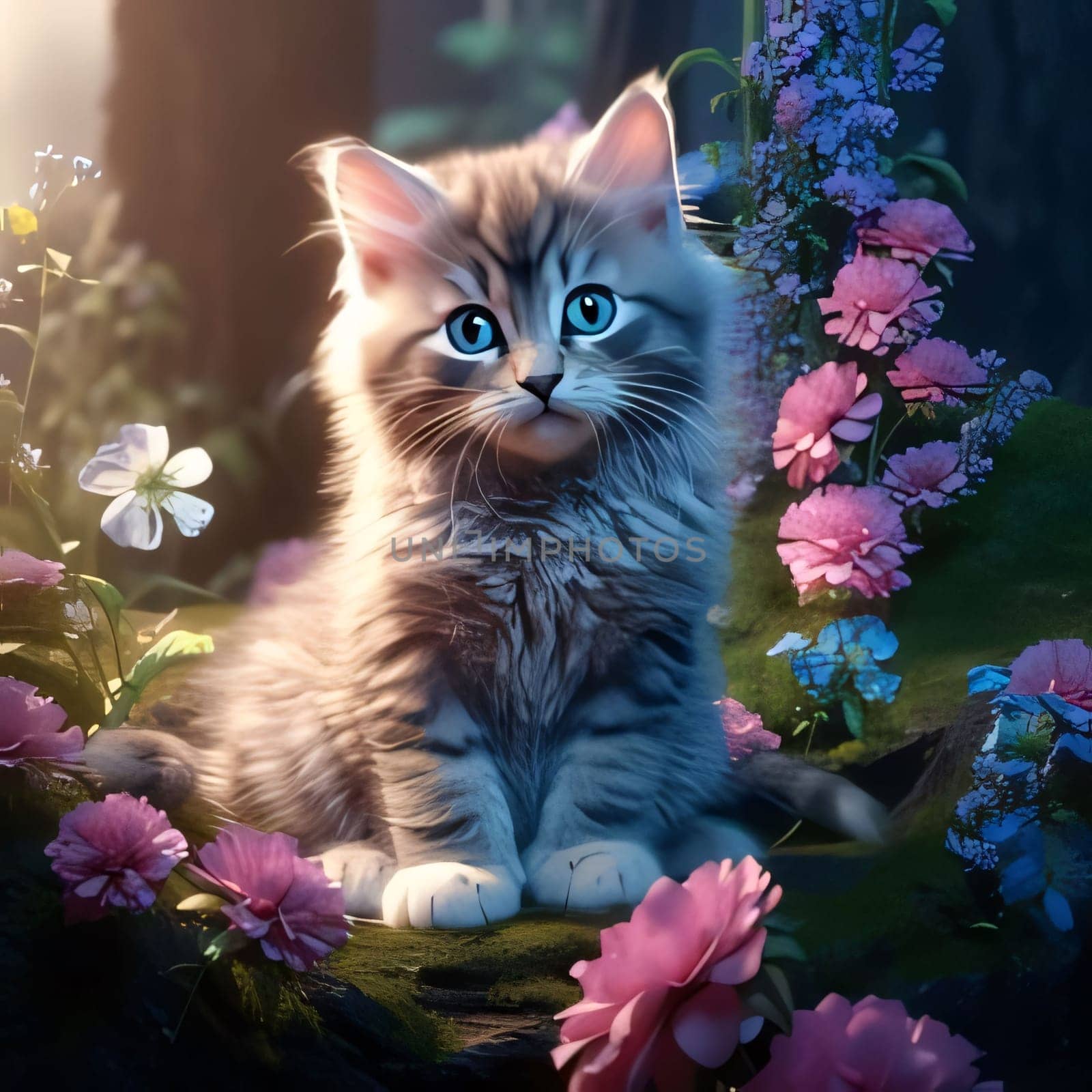 Illustration of a tiny kitten around pink and blue flowers. Flowering flowers, a symbol of spring, new life. A joyful time of nature waking up to life.