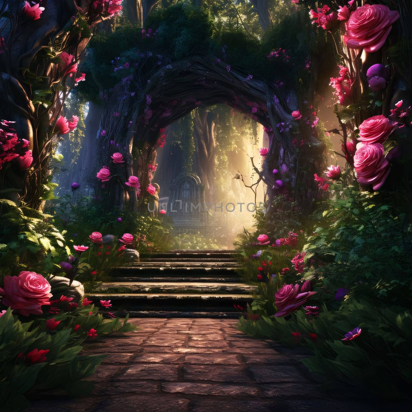 The stairs and the road, the path in the rose garden, the sun's rays falling. Flowering flowers, a symbol of spring, new life. A joyful time of nature waking up to life.