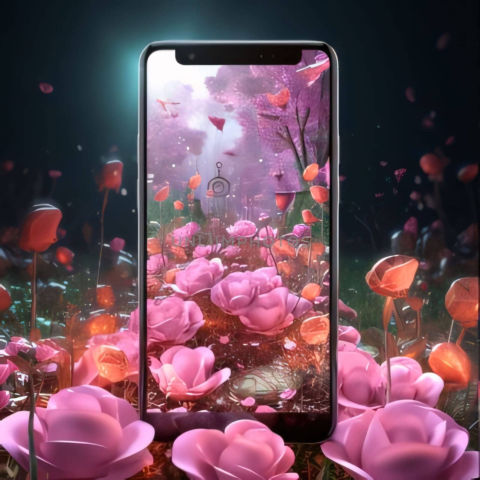 Fields on red and pink flowers. Smartphone screen with camera on. Flowering flowers, a symbol of spring, new life. A joyful time of nature waking up to life.
