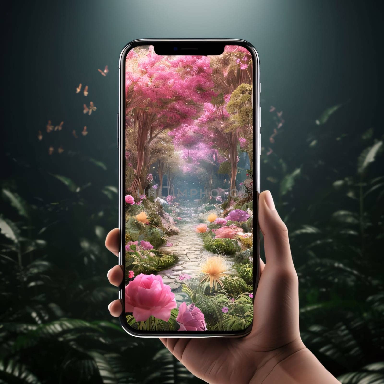 Smartphone screen held in hand with camera, path with Flowers nature. Flowering flowers, a symbol of spring, new life. A joyful time of nature waking up to life.