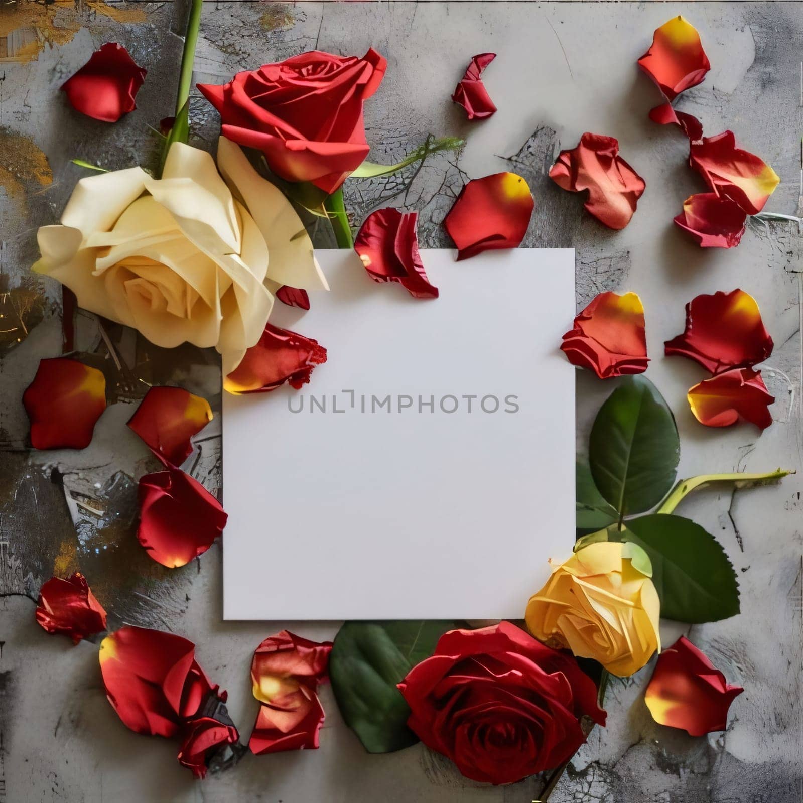 White blank sheet on marble around scattered red and white rose petals. Places for their own content. Flowering flowers, a symbol of spring, new life. A joyful time of nature waking up to life.