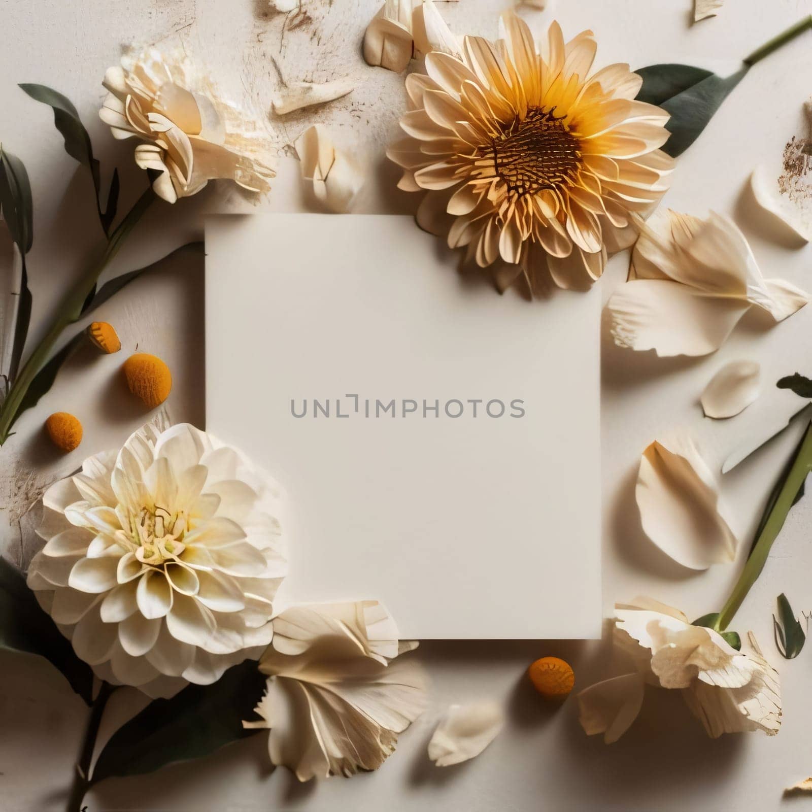 White blank card on a white background around scattered white flower petals. Places on their own content. Flowering flowers, a symbol of spring, new life. A joyful time of nature waking up to life.