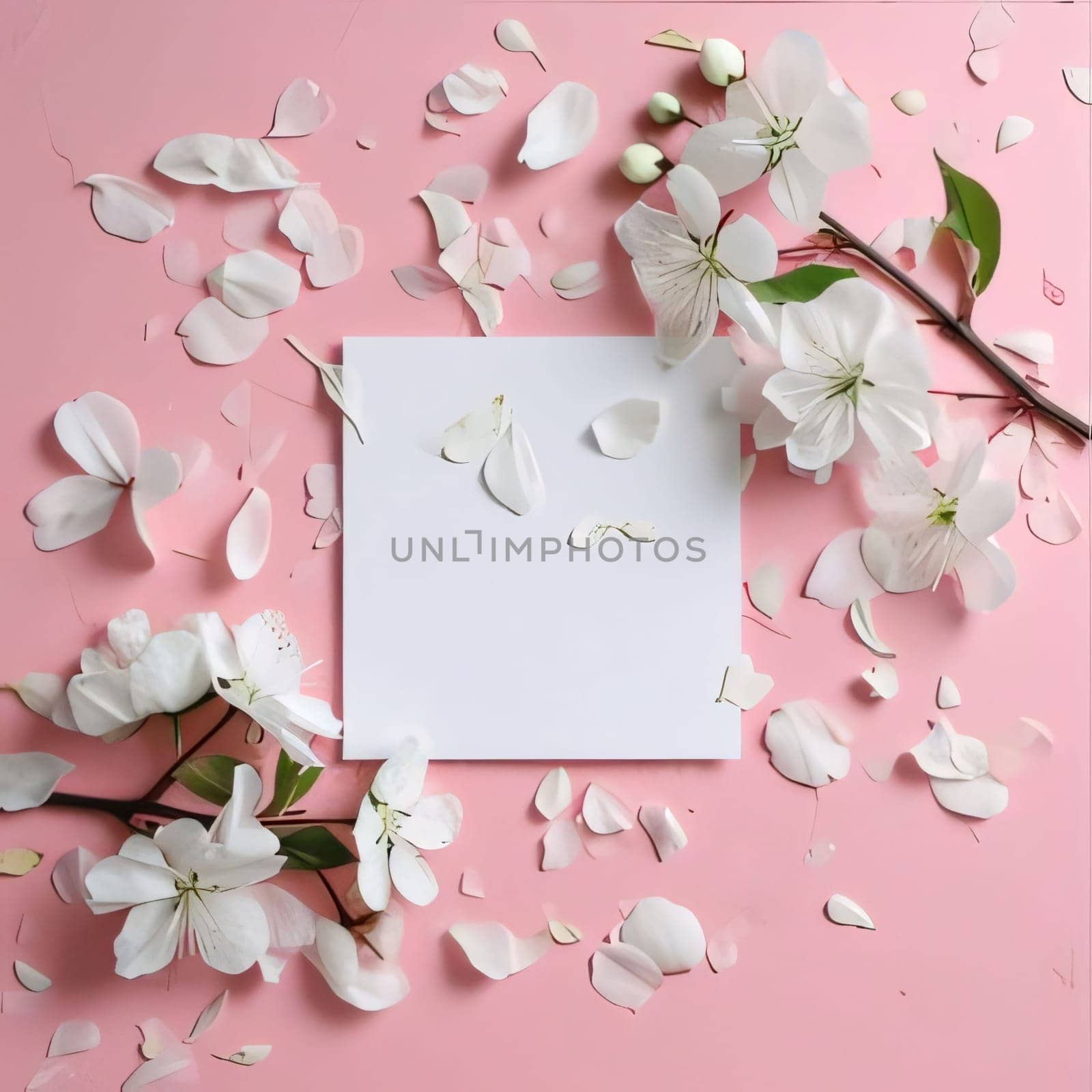 White blank card on a pink background around scattered white flower petals. Places on their own content. Flowering flowers, a symbol of spring, new life. A joyful time of nature waking up to life.