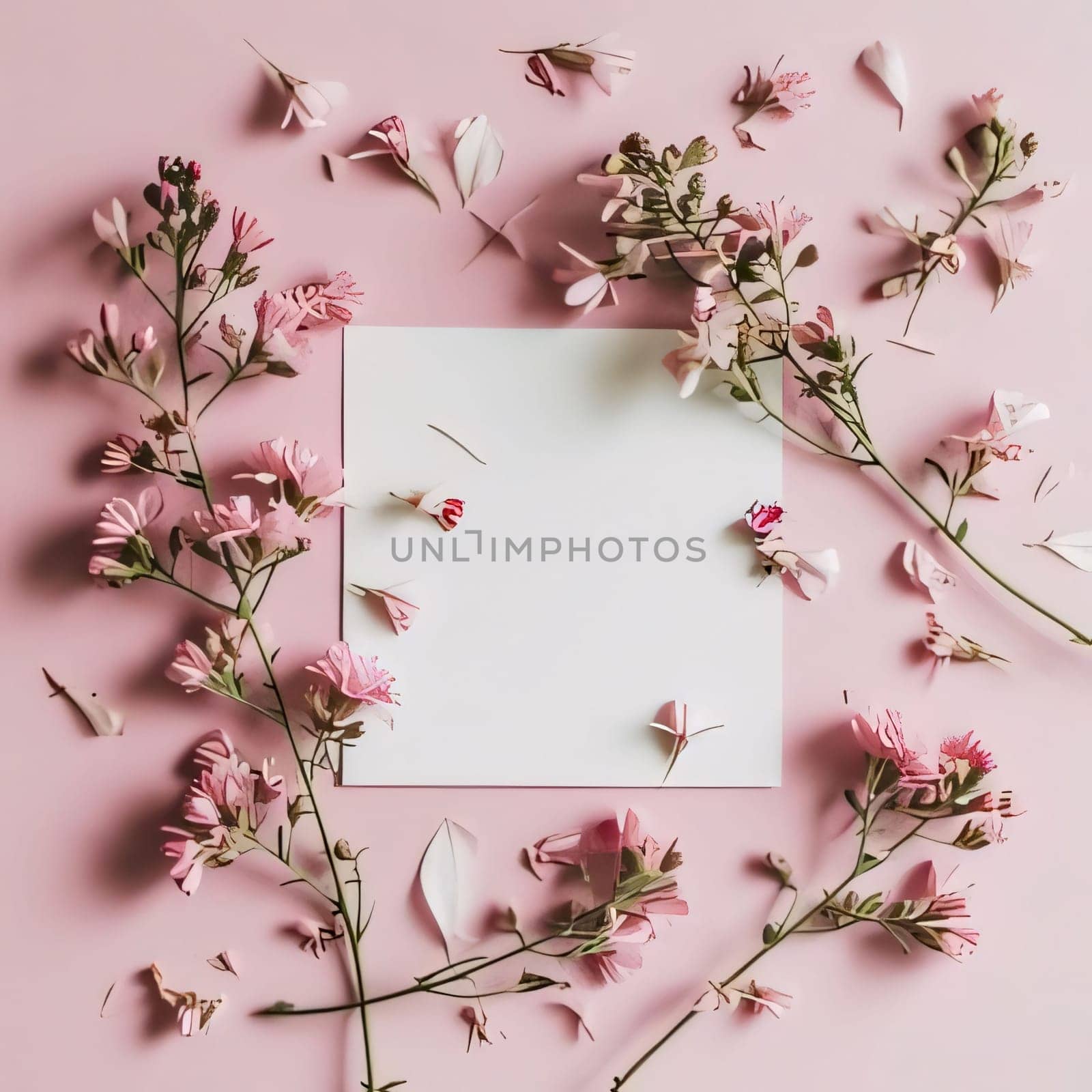 White blank card on a pink background around scattered pink flower petals. Places on their own content. Flowering flowers, a symbol of spring, new life. A joyful time of nature waking up to life.