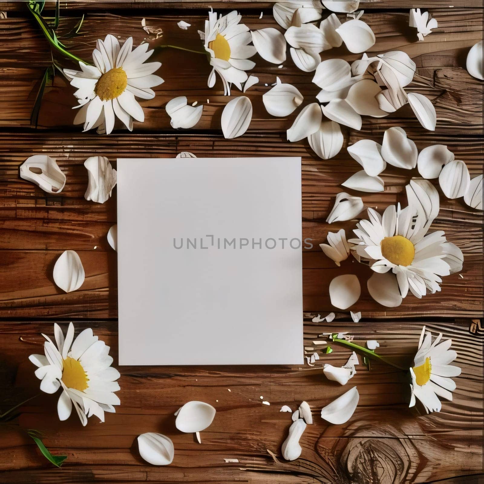 White blank card on a wooden background around scattered white flower petals. Places on their own content. Flowering flowers, a symbol of spring, new life. A joyful time of nature waking up to life.