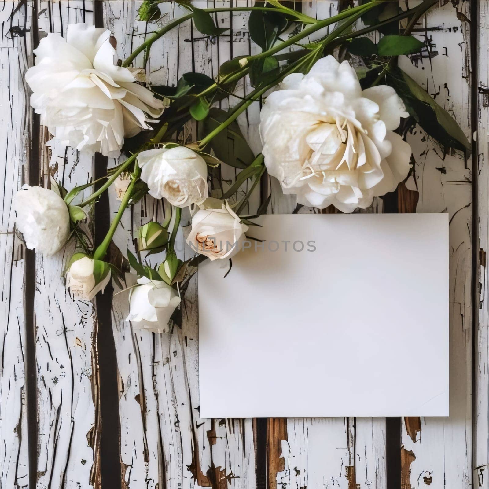 White blank card on a wooden background around white flowers. Places on their own content. Flowering flowers, a symbol of spring, new life. A joyful time of nature waking up to life.