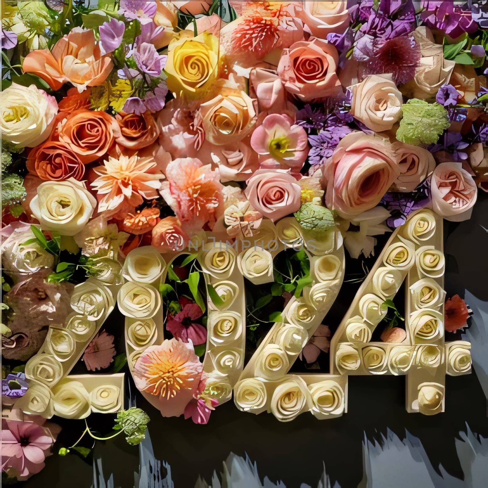 Inscription 2024 arranged with white flowers, at the top colorful flowers, bouquets. Flowering flowers, a symbol of spring, new life. A joyful time of nature waking up to life.