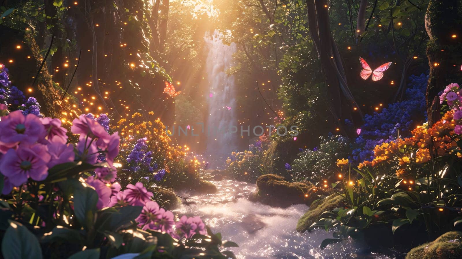 A stream flowing in the forest, green vegetation all around and colorful flowers, falling bright, warm rays of the sun. Flowering flowers, a symbol of spring, new life. A joyful time of nature waking up to life.