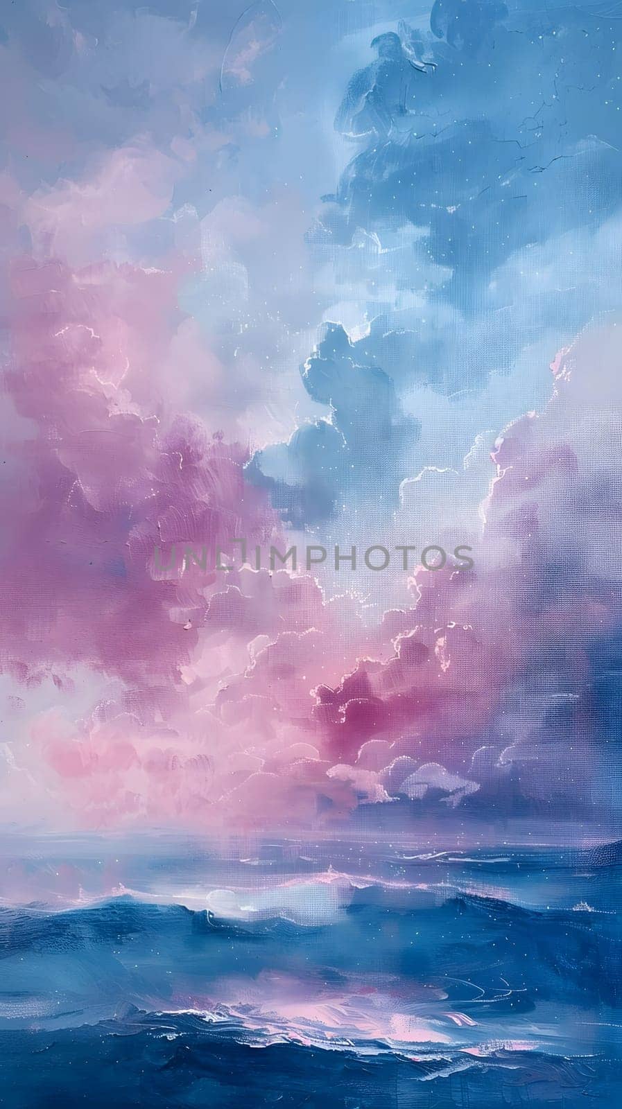 An art piece depicting a vivid azure sky with fluffy pink cumulus clouds reflecting over a serene body of liquid water, capturing a tranquil atmospheric phenomenon