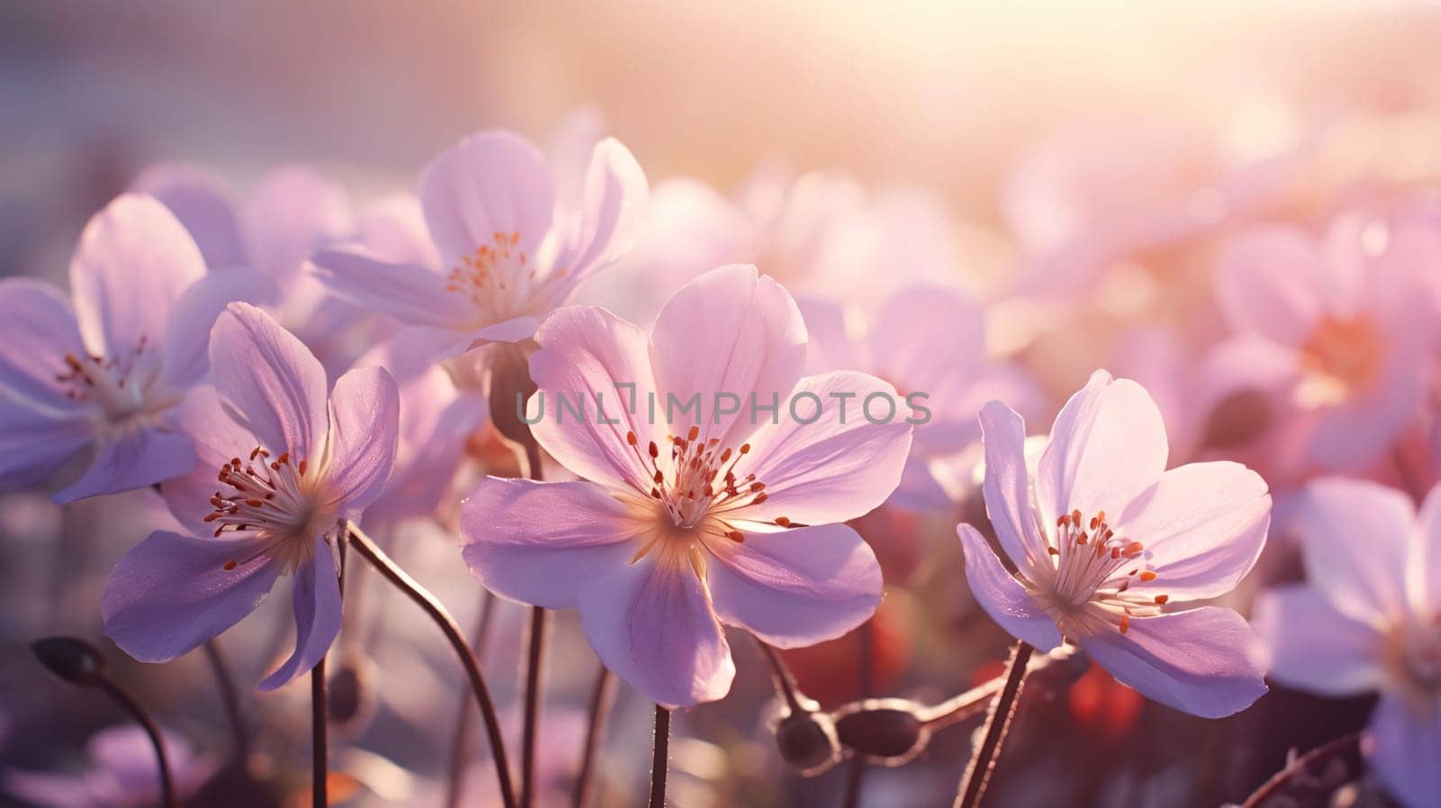 Banner, sun rays falling on white pink flowers growing in a meadow. Sunset. Flowering flowers, a symbol of spring, new life. A joyful time of nature waking up to life.
