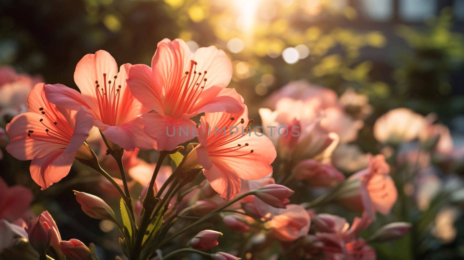 Banner, sun rays falling on white pink flowers growing in a meadow. Sunset. Flowering flowers, a symbol of spring, new life. A joyful time of nature waking up to life.