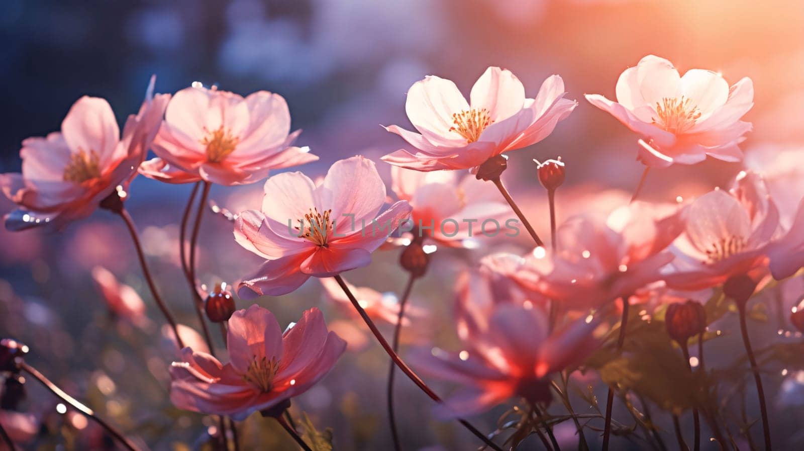 Banner, sun rays falling on white pink flowers growing in a meadow. Sunset. Flowering flowers, a symbol of spring, new life. A joyful time of nature waking up to life.