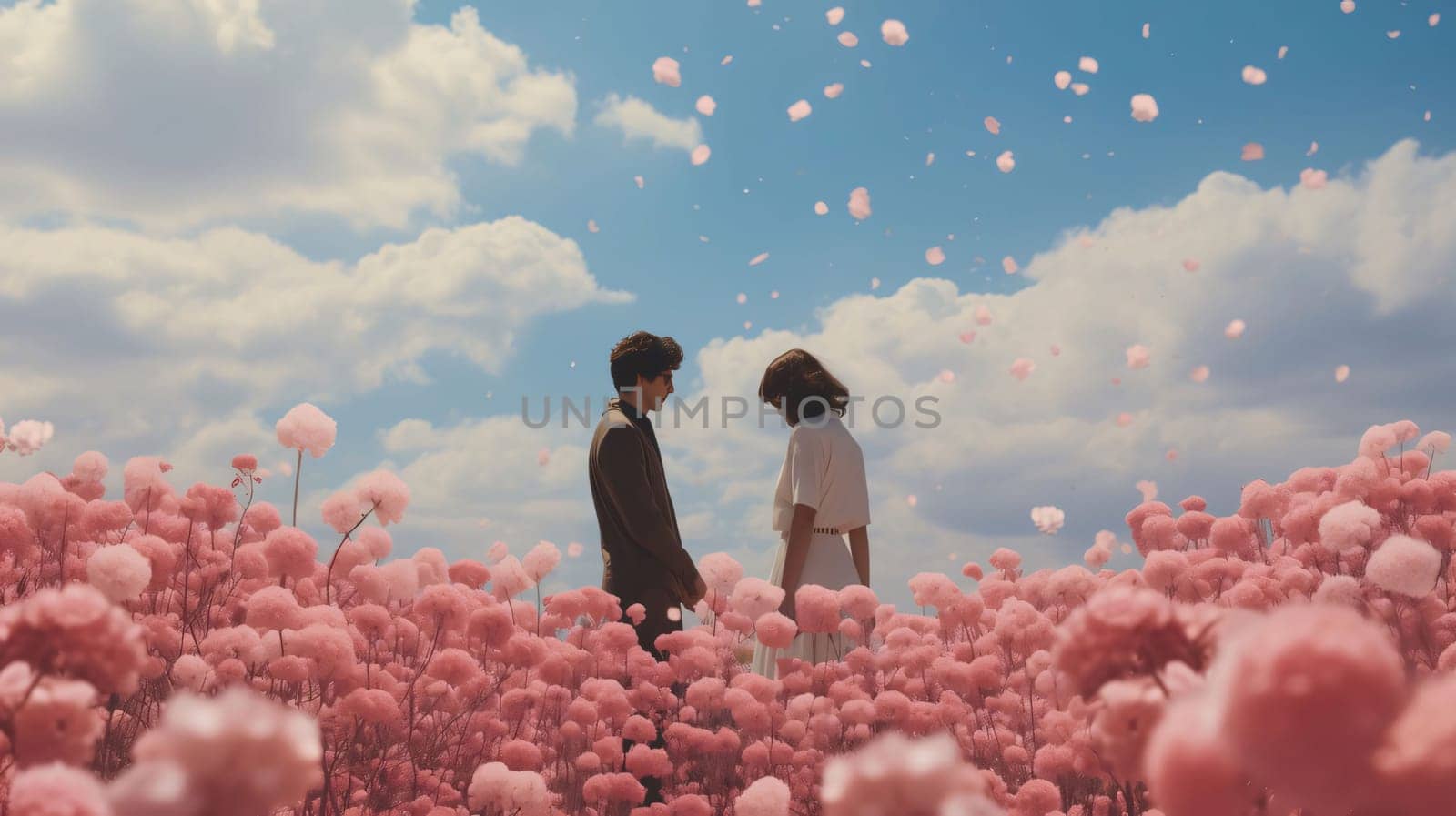 A couple in love standing in the middle of pink flowers in a field above them clouds the sky. Flowering flowers, a symbol of spring, new life. A joyful time of nature waking up to life.