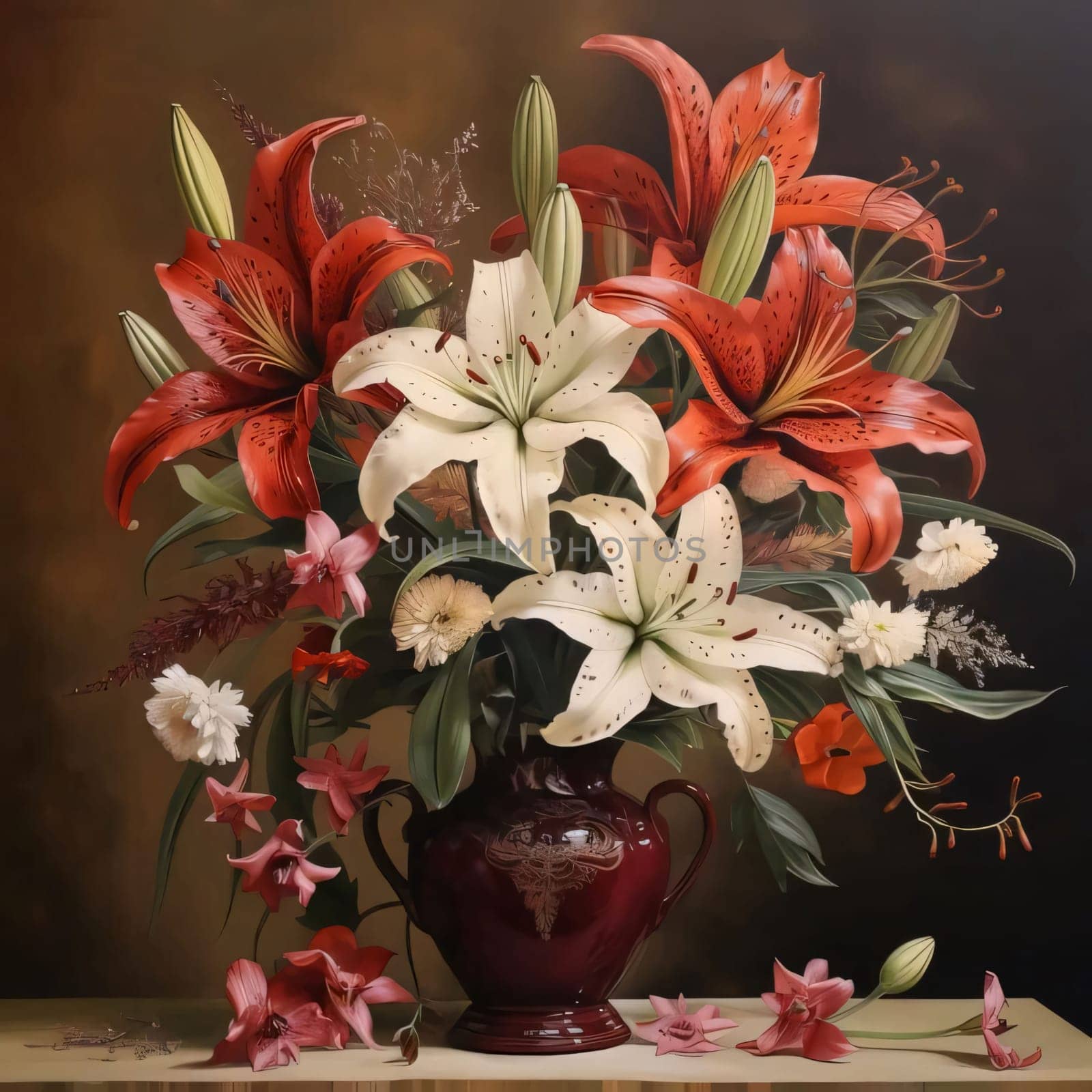 Antique brown vase, in it white and red flowers. Flowering flowers, a symbol of spring, new life. A joyful time of nature waking up to life.
