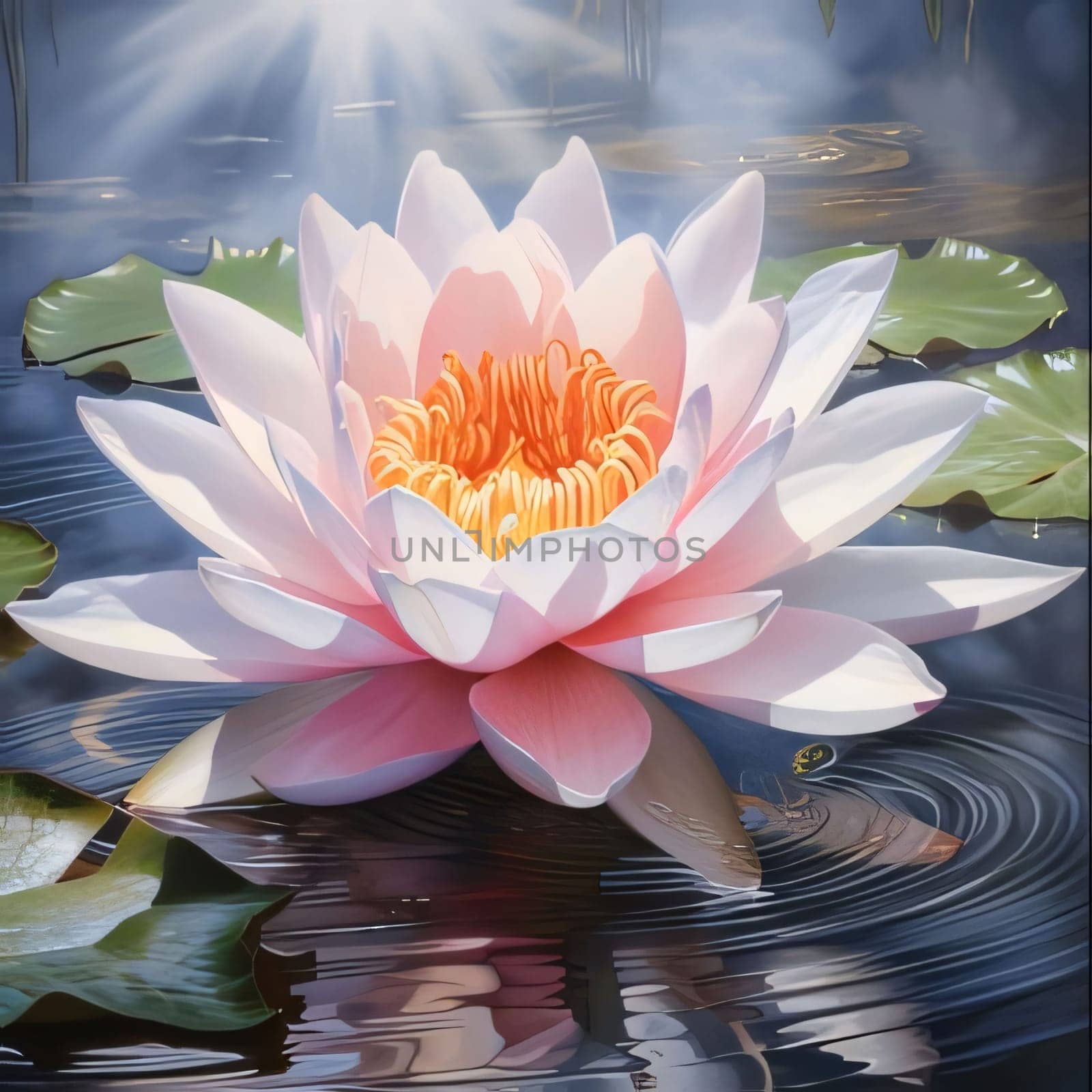 White pink water lily on water, green leaves all around. Flowering flowers, a symbol of spring, new life. A joyful time of nature waking up to life.