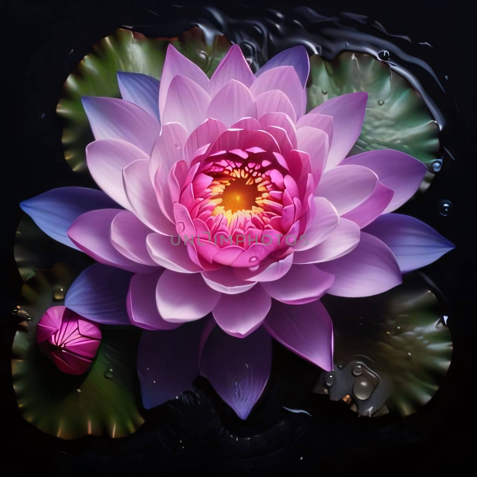 Purple water lily on water, green leaves all around. Flowering flowers, a symbol of spring, new life. by ThemesS