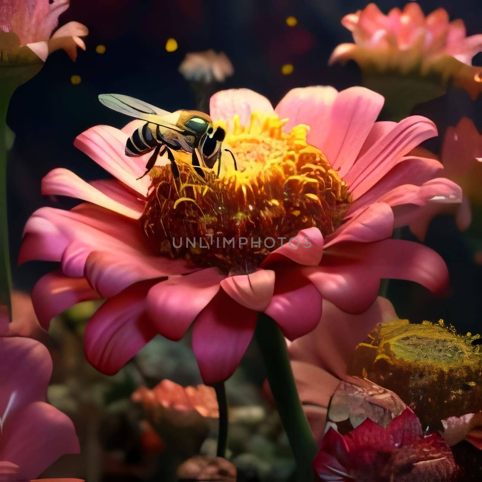 Pink flower with bee, dark smudged background. Flowering flowers, a symbol of spring, new life. by ThemesS