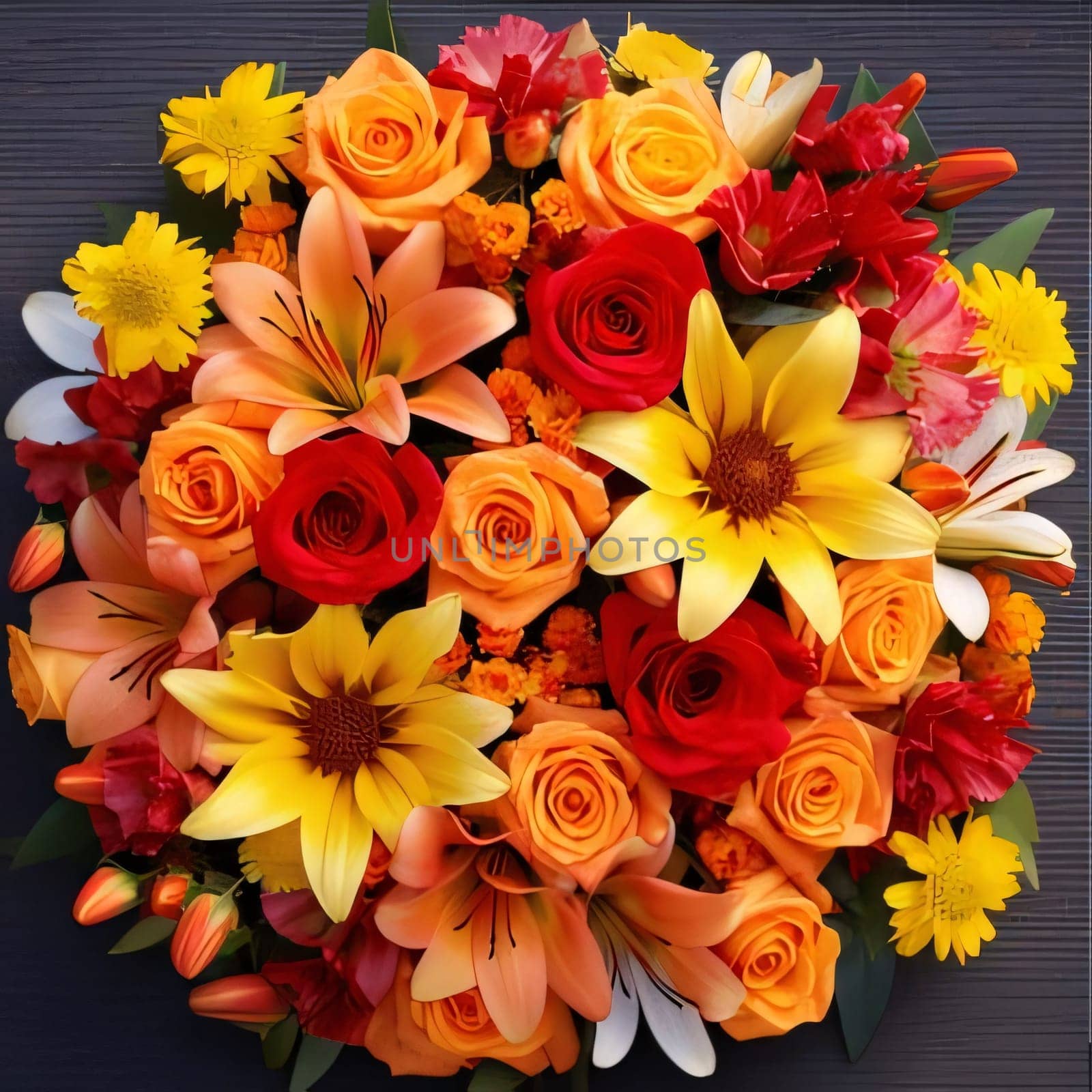 Round wreath of yellow and red flowers on a gray background. Flowering flowers, a symbol of spring, new life. A joyful time of nature waking up to life.
