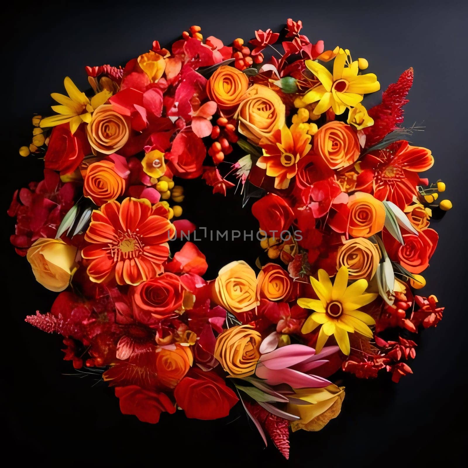 Round wreath of yellow and red flowers on a gray background. Flowering flowers, a symbol of spring, new life. A joyful time of nature waking up to life.