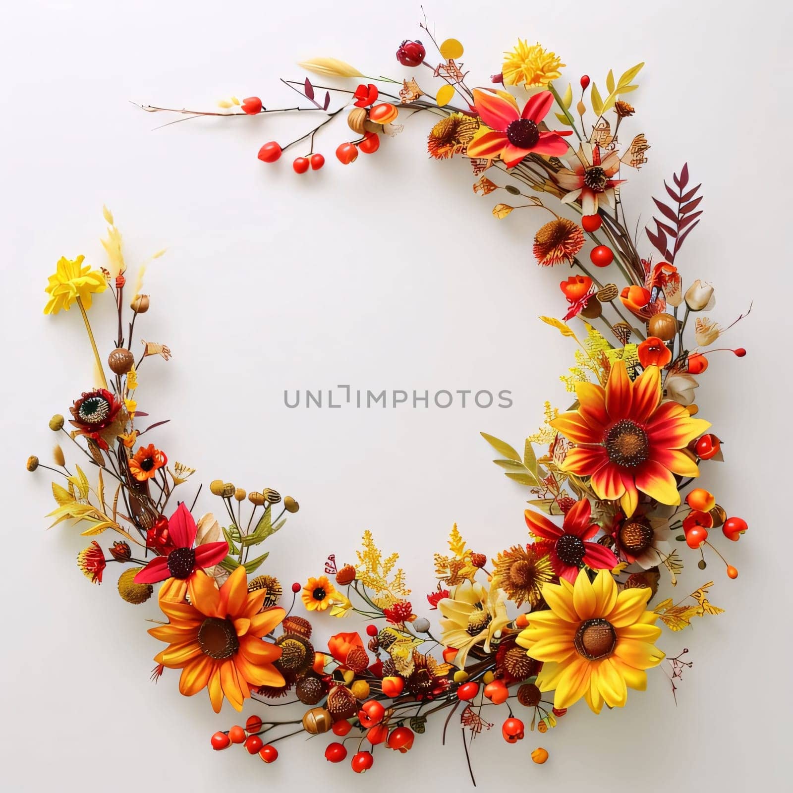 Round wreath of yellow and red flowers on a white background. Frame, space for your own content. Flowering flowers, a symbol of spring, new life. A joyful time of nature waking up to life.
