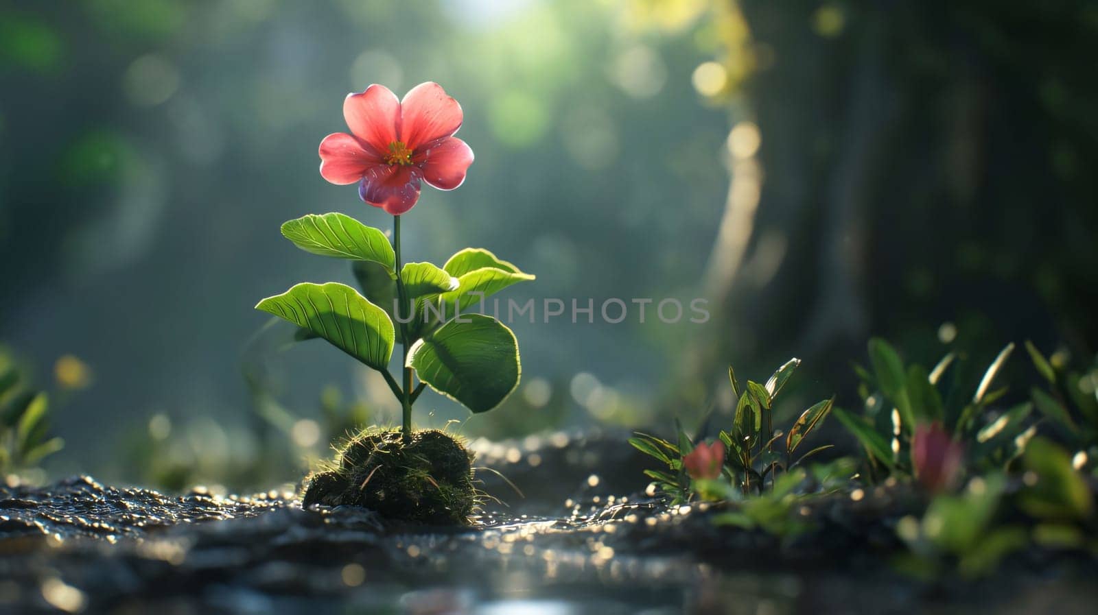 A lone pink flower with green leaves growing in the ground, the sun's rays falling in the background a blur of green and forest. Flowering flowers, a symbol of spring, new life. A joyful time of nature waking up to life.
