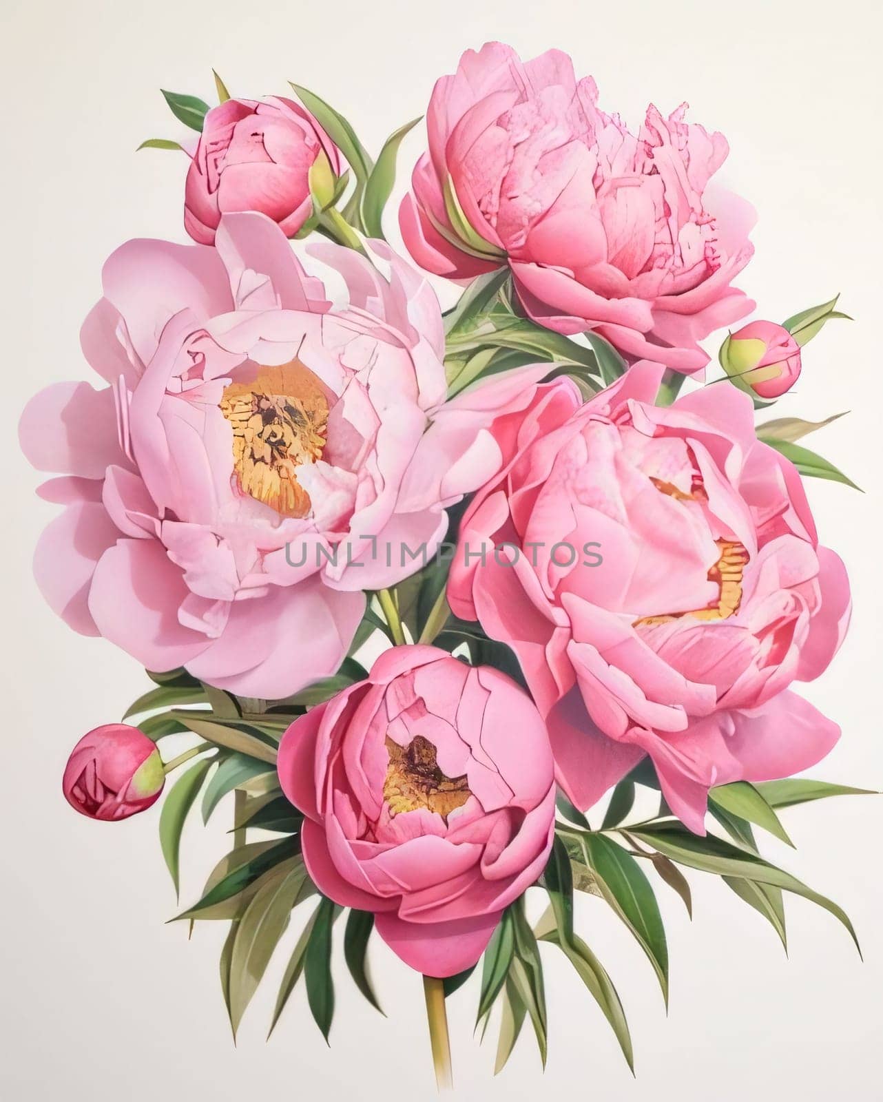 Bouquet of pink flowers with green leaves stems. Light background.Flowering flowers, a symbol of spring, new life.A joyful time of nature awakening to life.