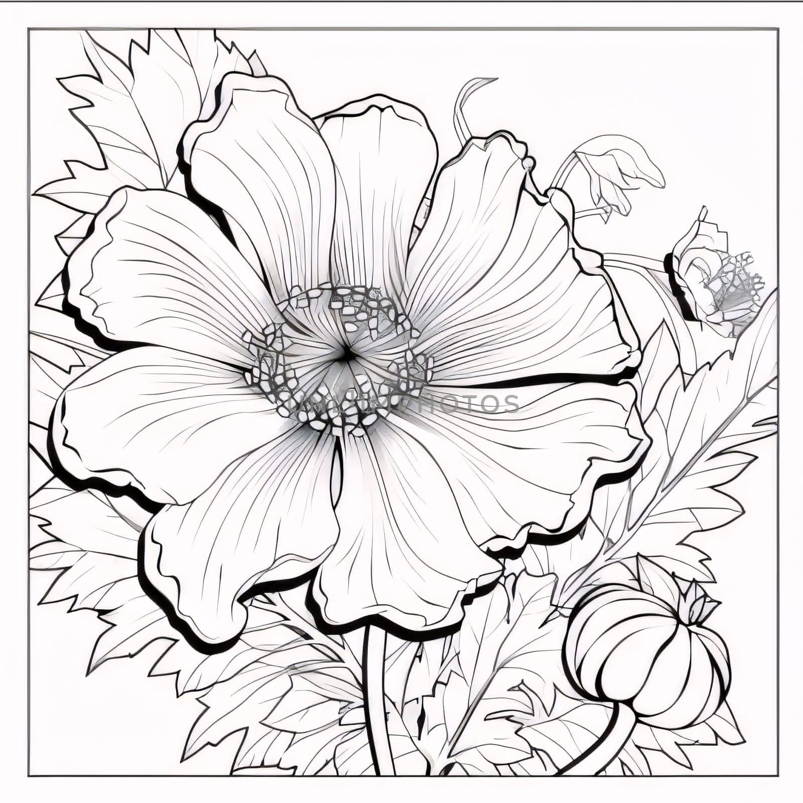 Black and white coloring sheet of a flower with leaves in a frame.Flowering flowers, a symbol of spring, new life. by ThemesS