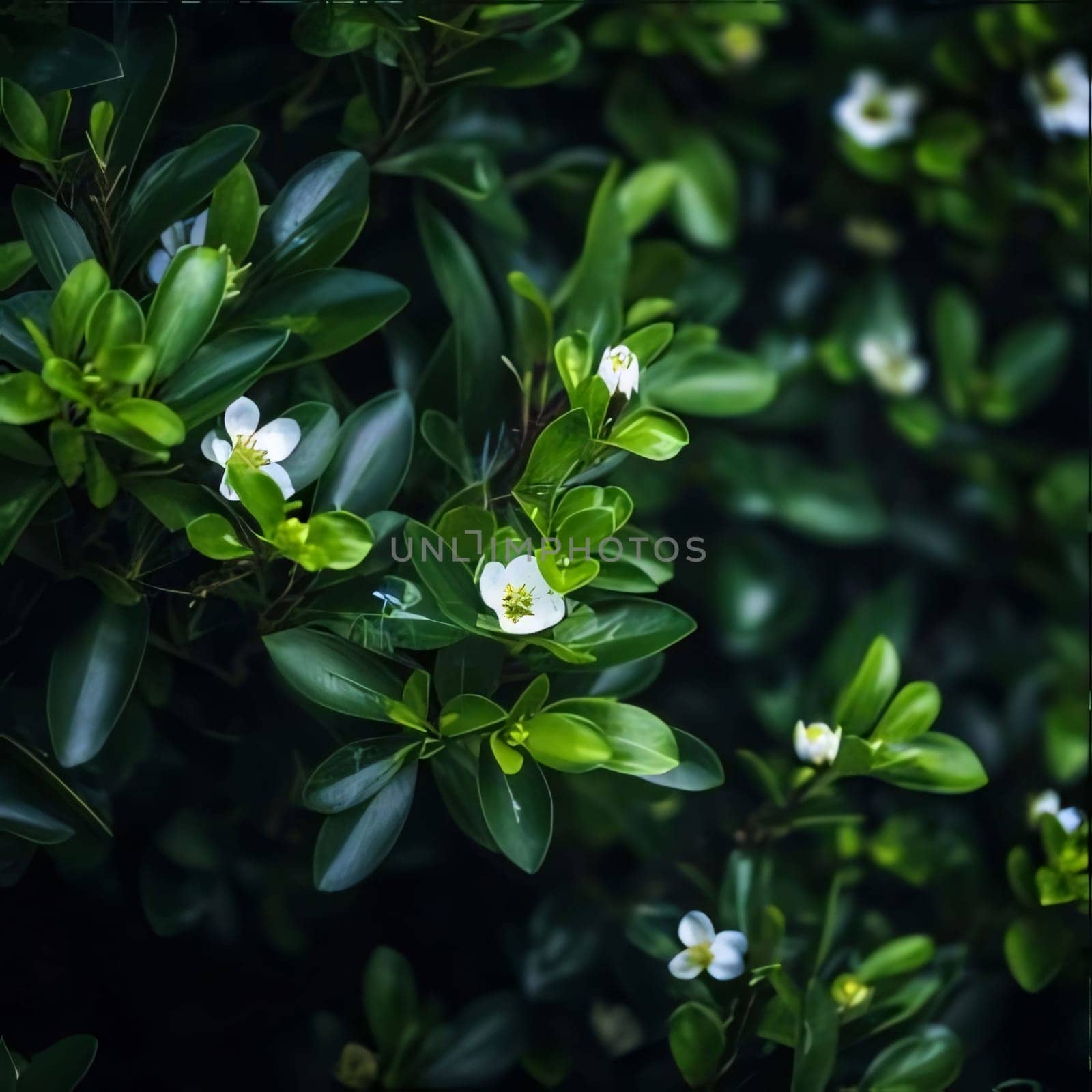Green leaves and tiny white flowers.Flowering flowers, a symbol of spring, new life.A joyful time of nature waking up to life.