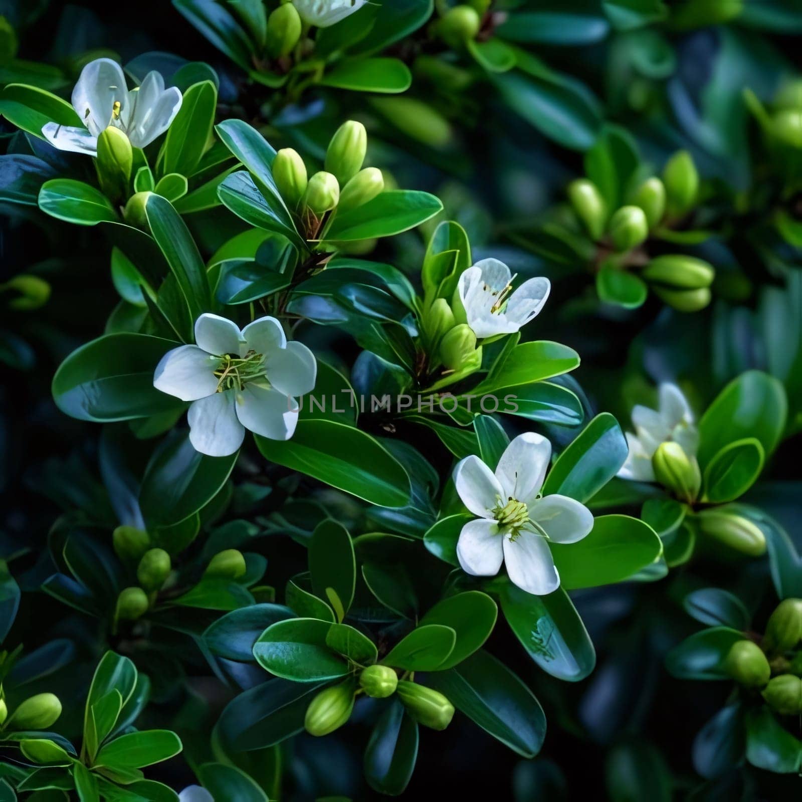 Green leaves and tiny white flowers.Flowering flowers, a symbol of spring, new life. by ThemesS