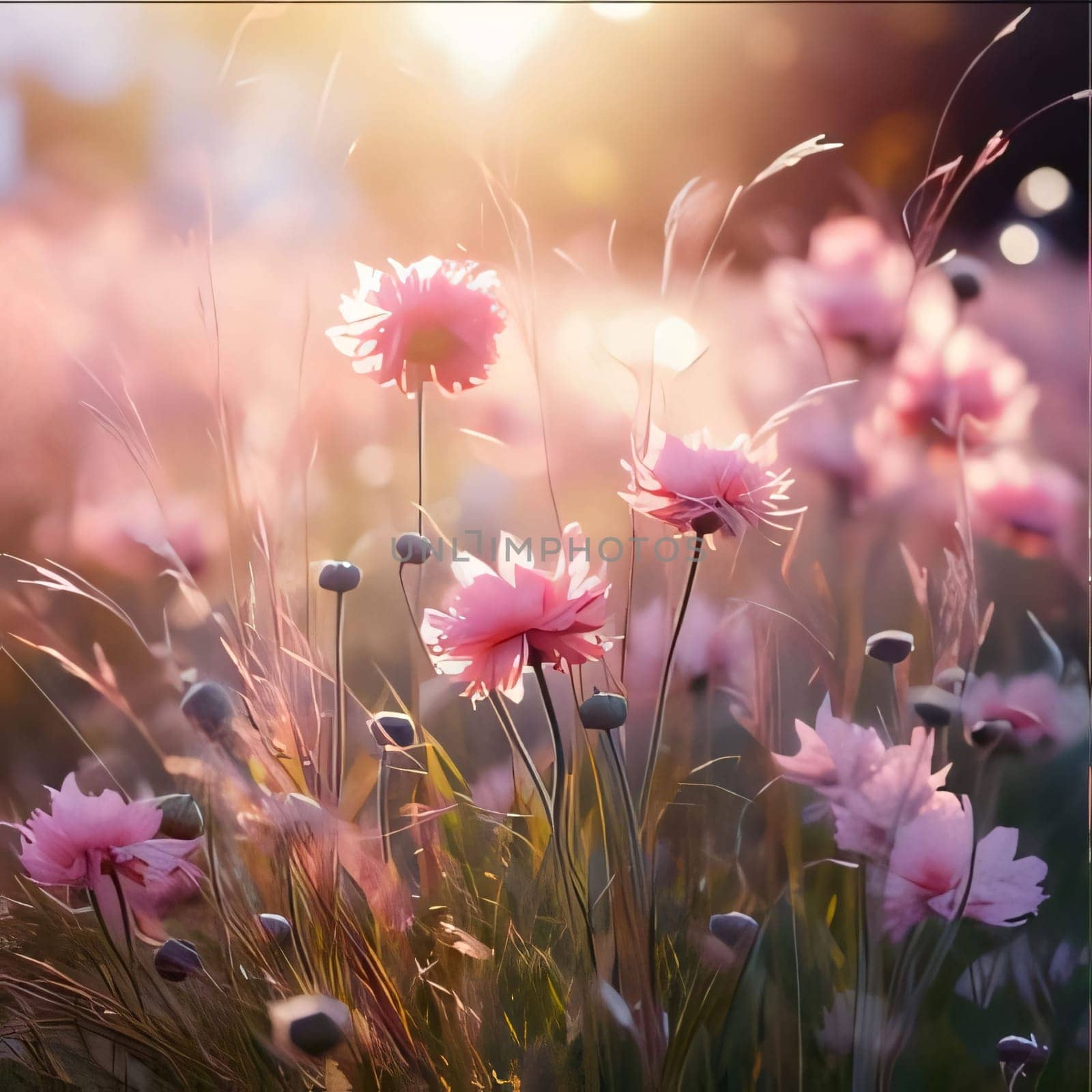 Pink flowers on a background of green grass, blurred bokeh effect in the background.Flowering flowers, a symbol of spring, new life. by ThemesS