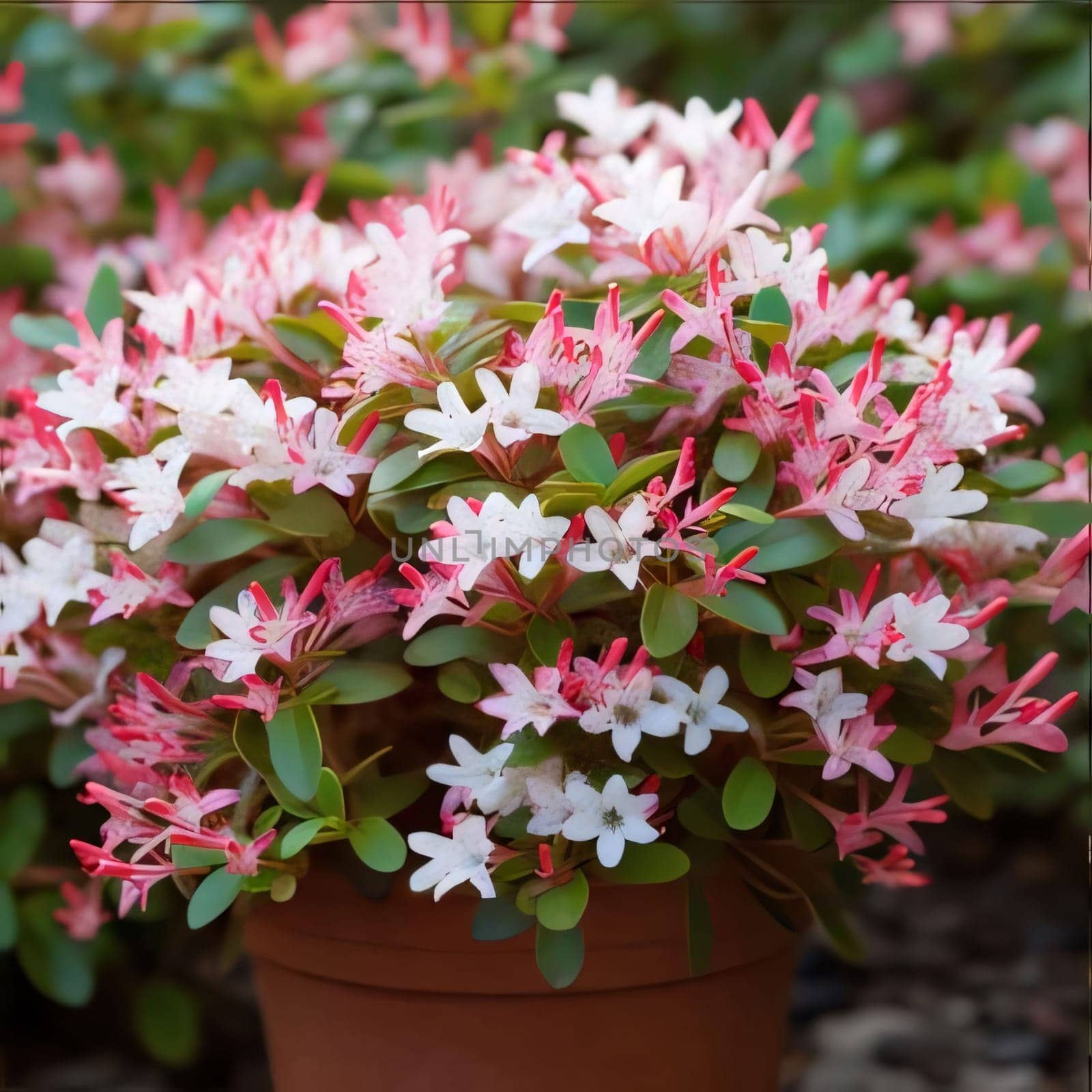 Tiny pink and white flowers with green leaves in a pot.Flowering flowers, a symbol of spring, new life. by ThemesS