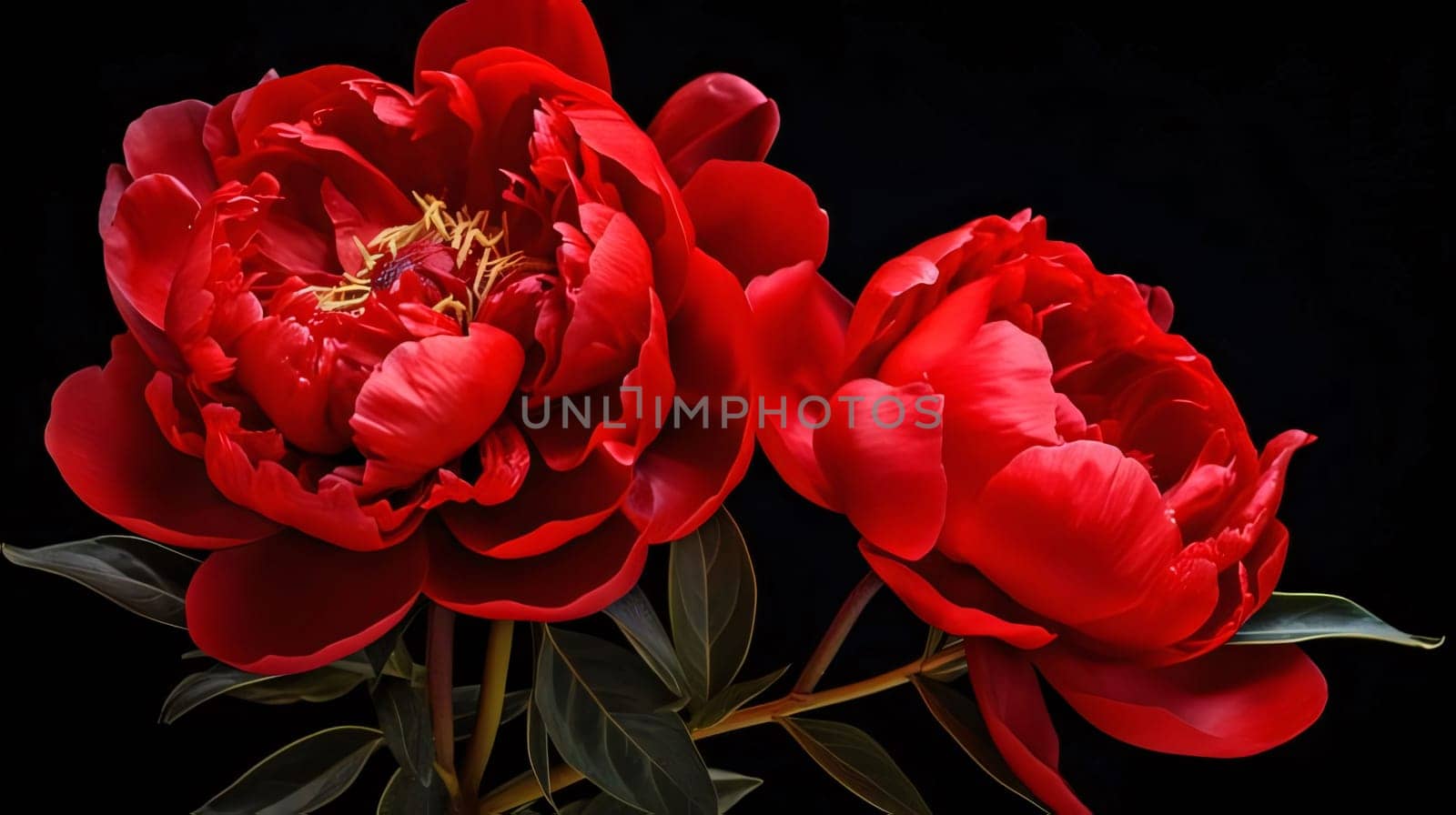Red peonies with green leaves on black targeted m background.Flowering flowers, a symbol of spring, new life.A joyful time of nature waking up to life.