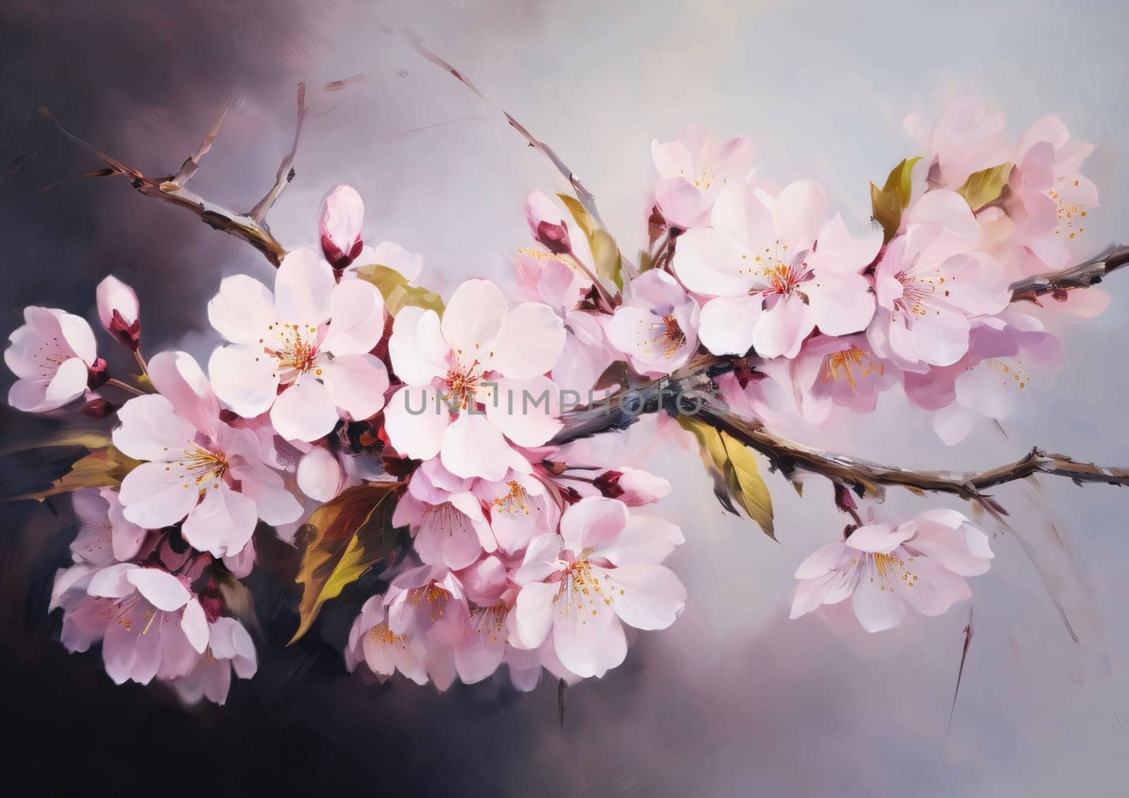 White cherry blossoms on a branch gray background.Flowering flowers, a symbol of spring, new life.A joyful time of nature waking up to life.