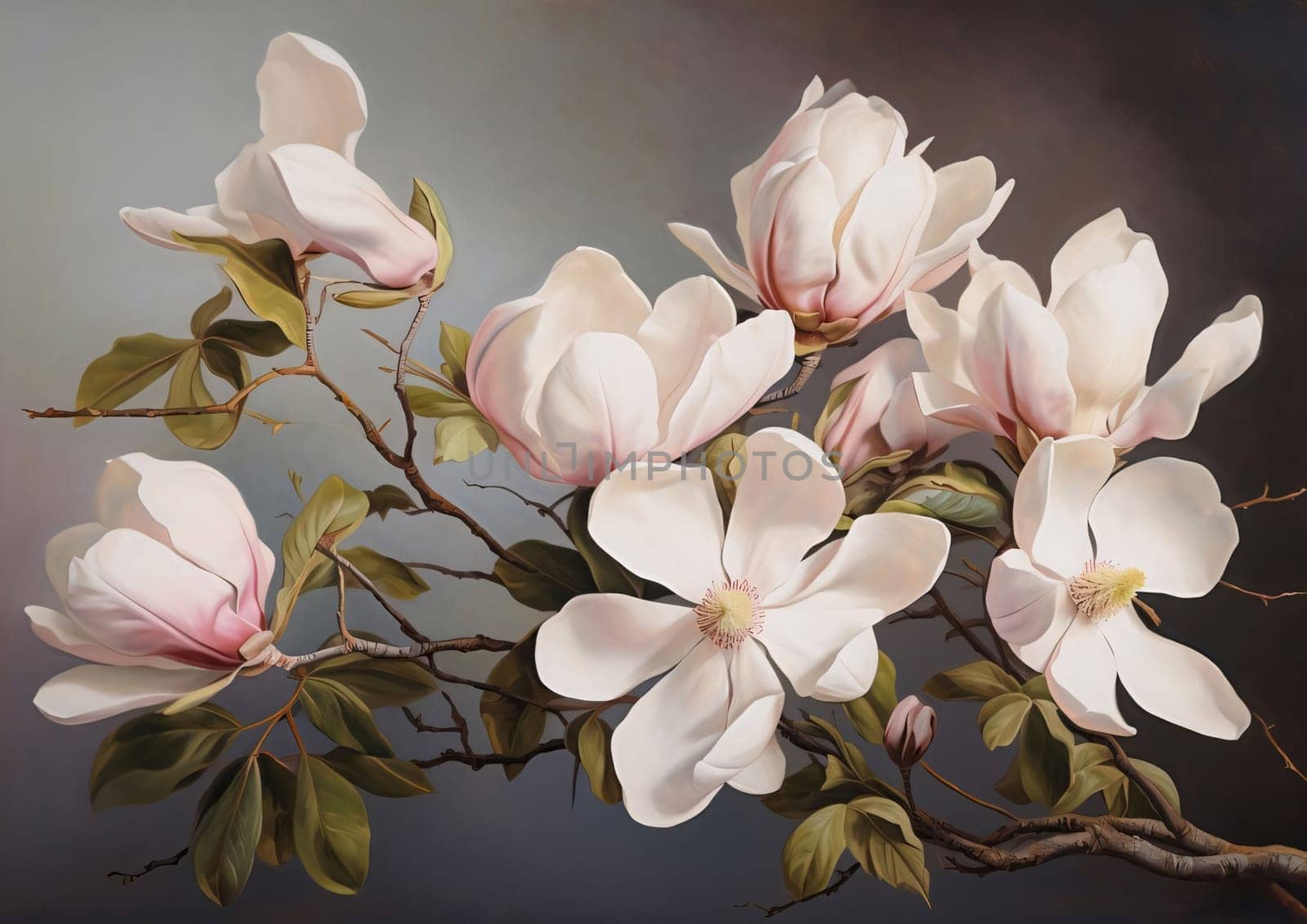 White magnolia flowers and tiny green leaves on a twig gray background. Flowering flowers, a symbol of spring, new life. A joyful time of nature waking up to life.