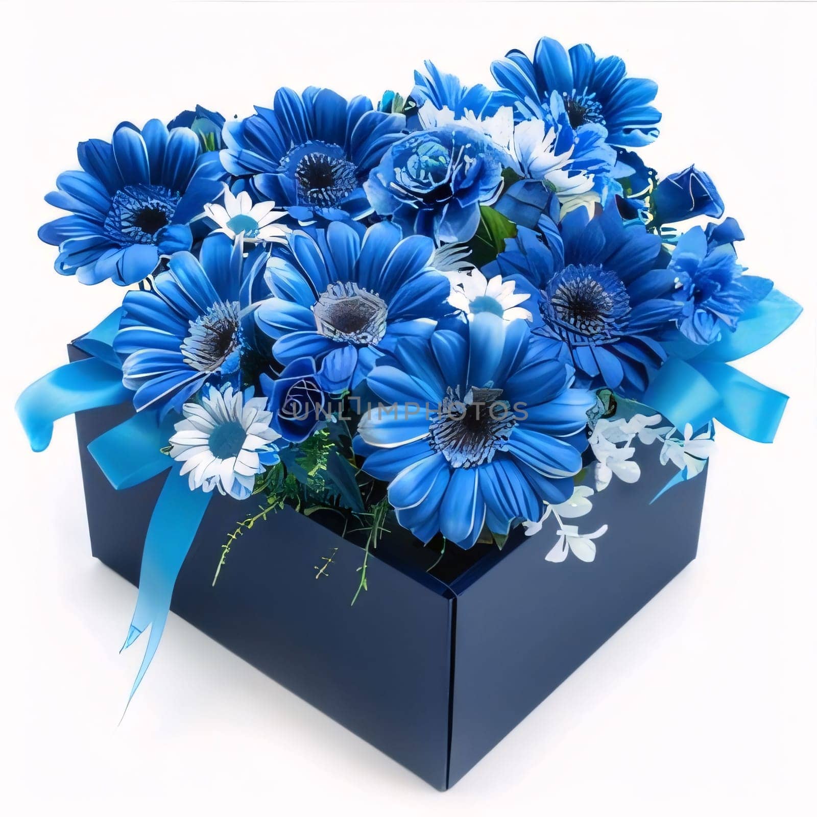 Black box with blue and white flowers. Isolated white background. Flowering flowers, a symbol of spring, new life. A joyful time of nature waking up to life.