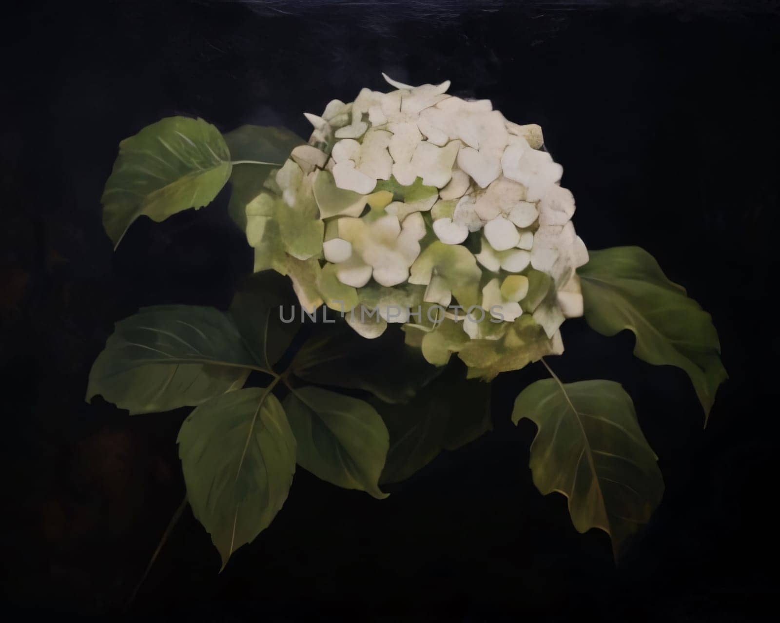 White flower with green leaves on a black background. Flowering flowers, a symbol of spring, new life. A joyful time of nature waking up to life.
