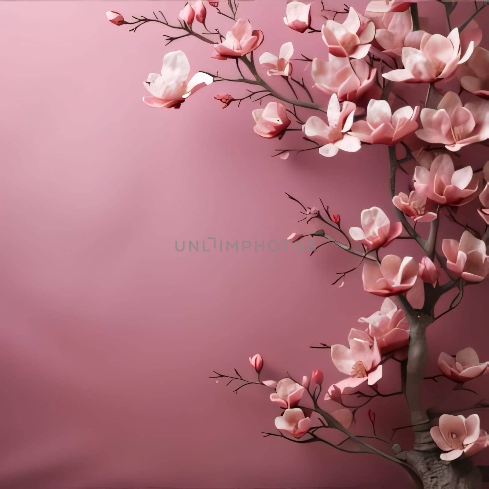A tiny tree with pink cherry blossoms, next to it an empty field with space for your own content, a banner. Flowering flowers, a symbol of spring, new life. by ThemesS