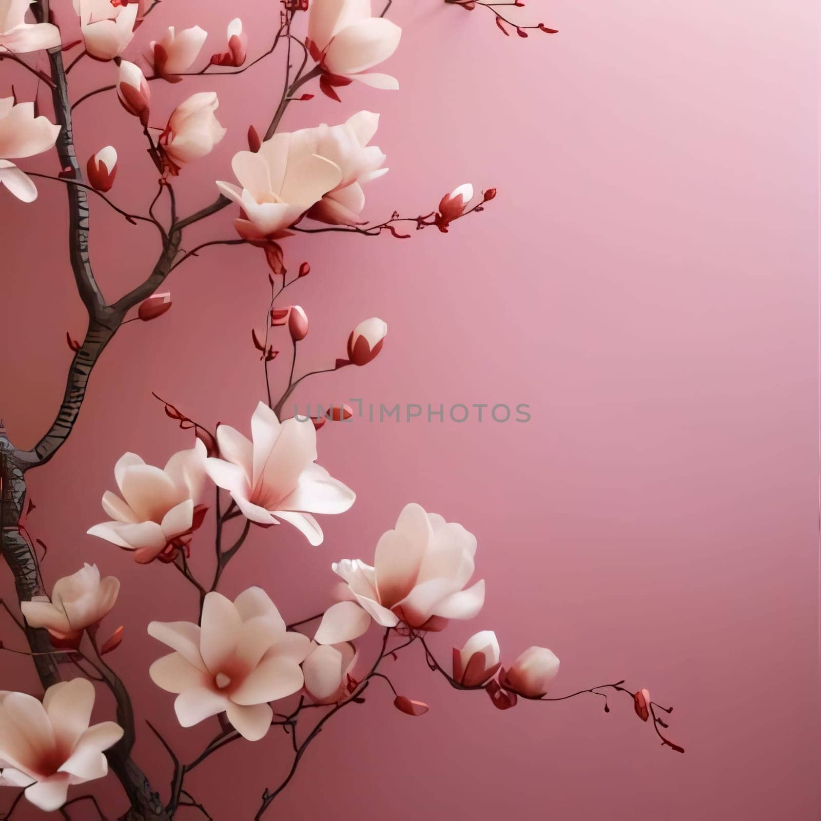 A tiny tree with pink cherry blossoms, next to it an empty field with space for your own content, a banner. Flowering flowers, a symbol of spring, new life. A joyful time of nature waking up to life.