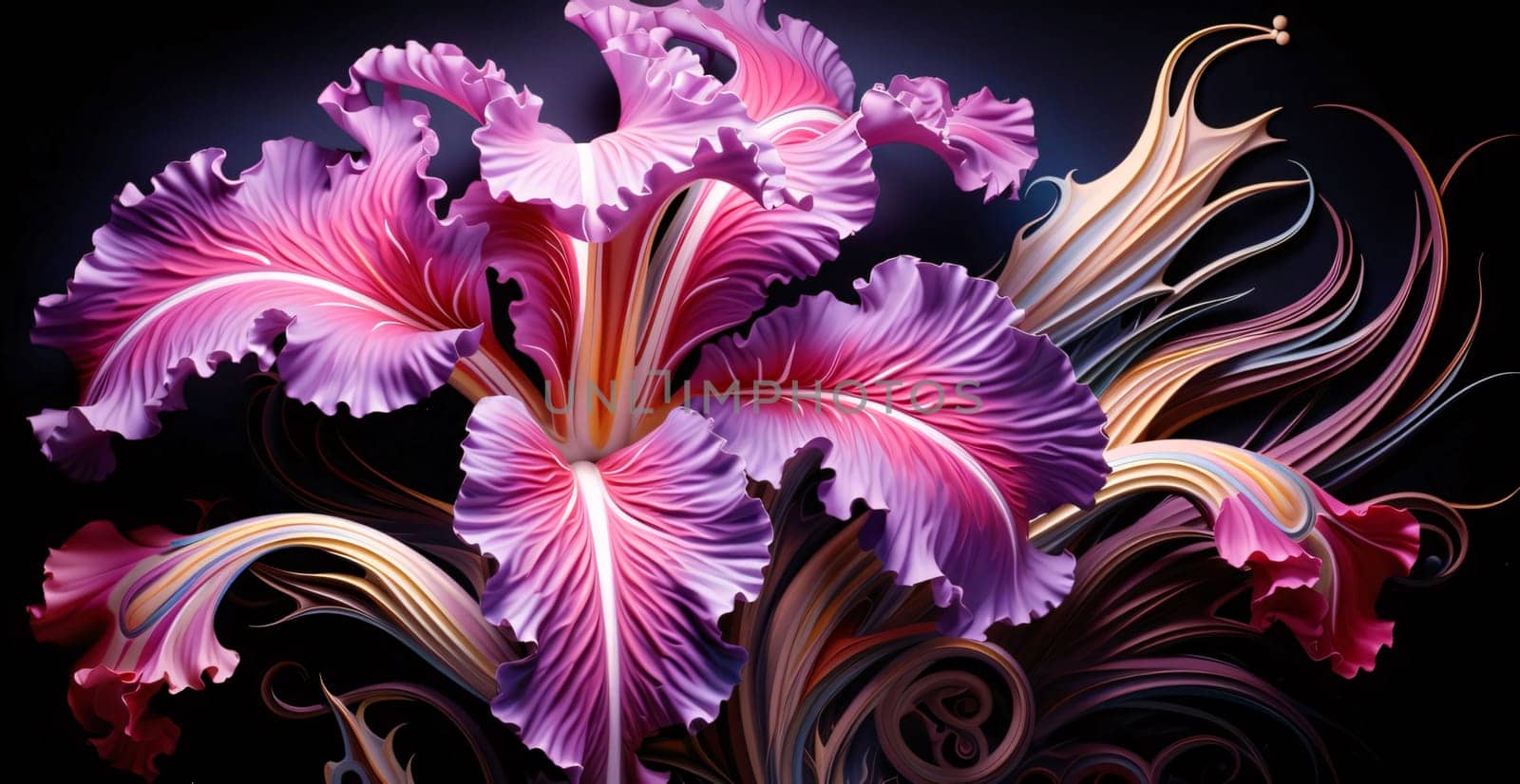 Purple flower with abstract decorations on a black background. Flowering flowers, a symbol of spring, new life. A joyful time of nature waking up to life.